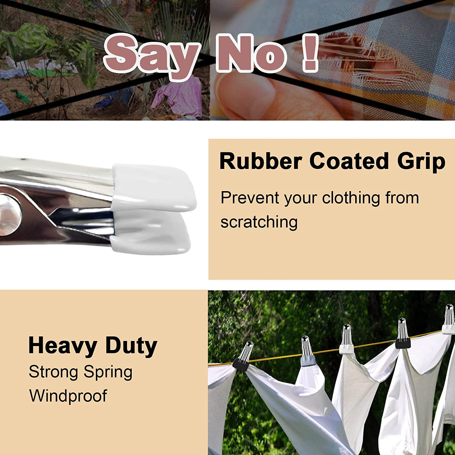 Heavy Duty Clothes Pins for Hanging, Stainless Steel Strong Clips for Crafts, Beach Towel, Kitchen, Fabric, Utility Drying Pegs, Outdoor Clothesline - White image number 5