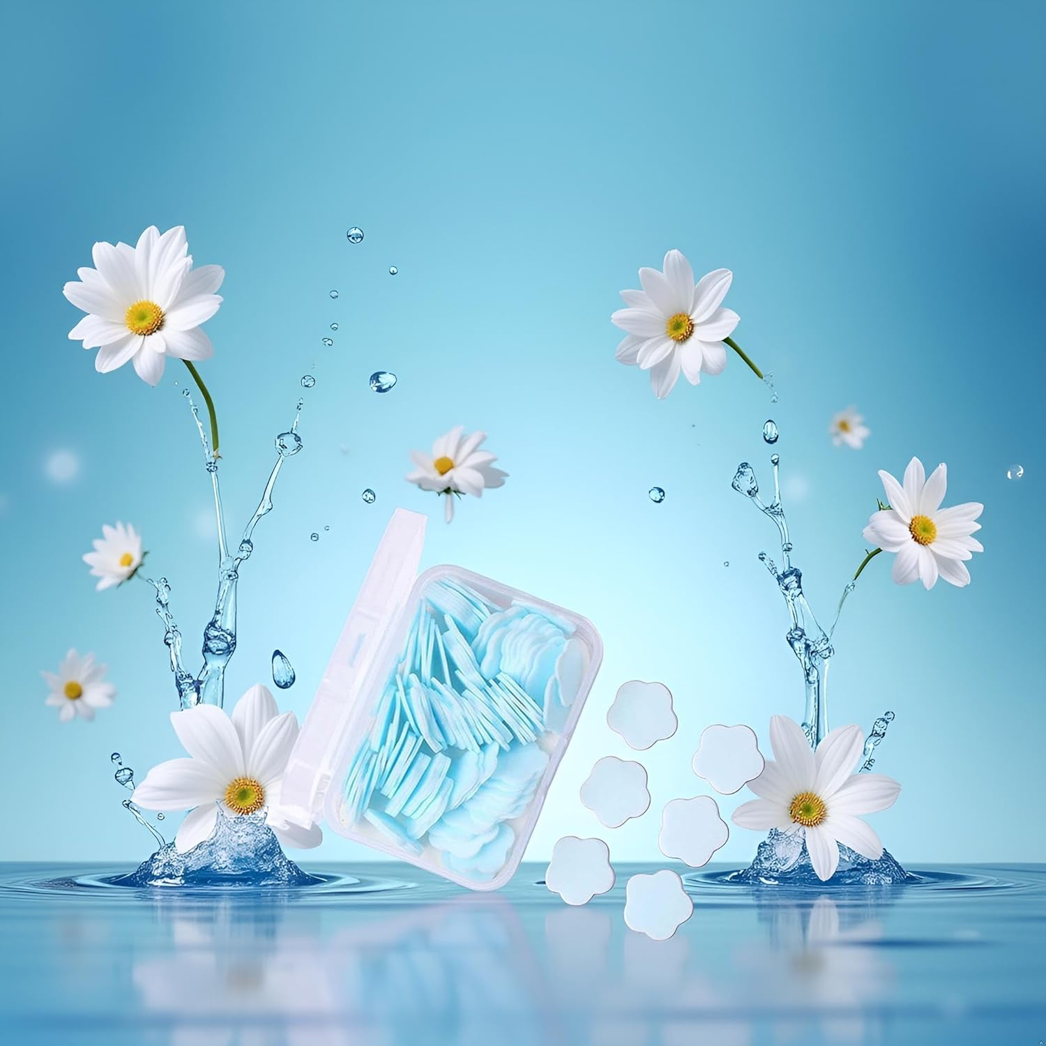 100Pcs Blue Mini Portable Travel Soap Paper Sheets,Flower Shape Disposable Paper Soap Flakes, Cleaning Washing Hand Toiletry Sheets Foot and Hand Care image number 4