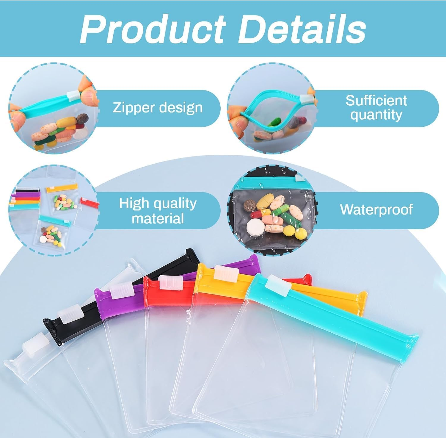 Self-Sealing Zippered Pill Pouch Bags, 12Pcs Translucent Self Sealing Medicine Bags, Translucent Self Sealing Plastic Pill Pouch, Travel Medicine Pouches with Slide Lock for Pills and Small Items image number 1