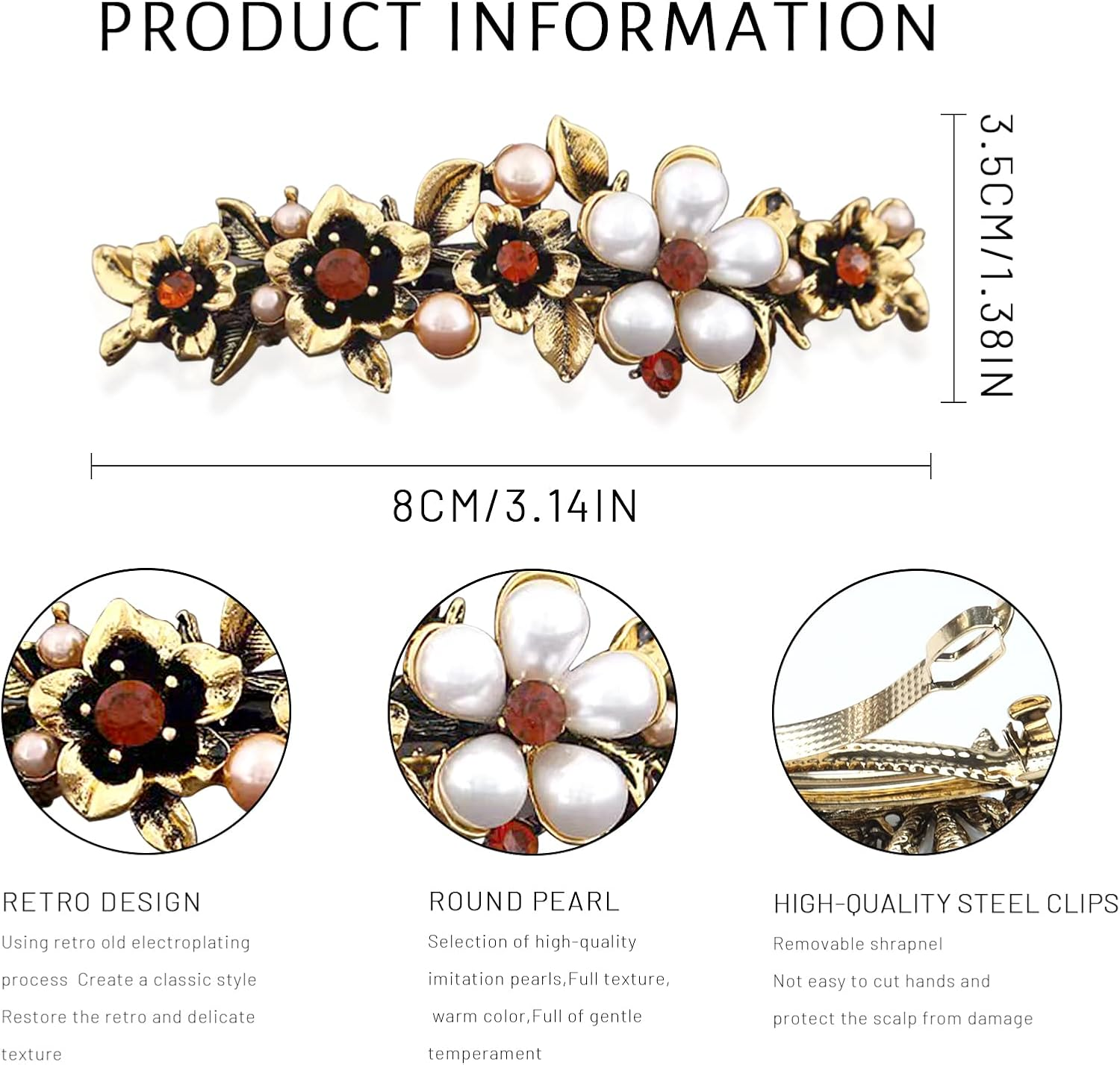 Kavya Automatic Hair Clips, Women'S Thin Hair, Pack of 2 French Vintage Hair Clips, Large Metal Flower, Fashion, Crystal Pearl, Flower Hair Clip, Large Thick Hair Flower Hair Accessories image number 4