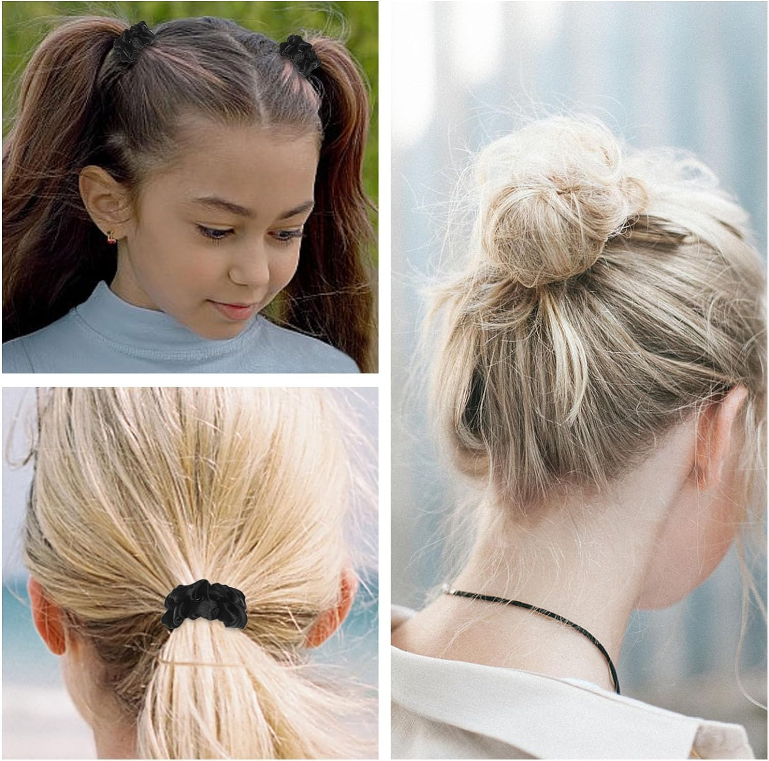 12Pcs Black Satin Scrunchies Hair Ties Bands for Woman Girls, Skinny Silk Satin Hair Scrunchies, Small Ponytail Holders No Damage Breakage for Thin/Thick Curly Long Fine Hair image number 6