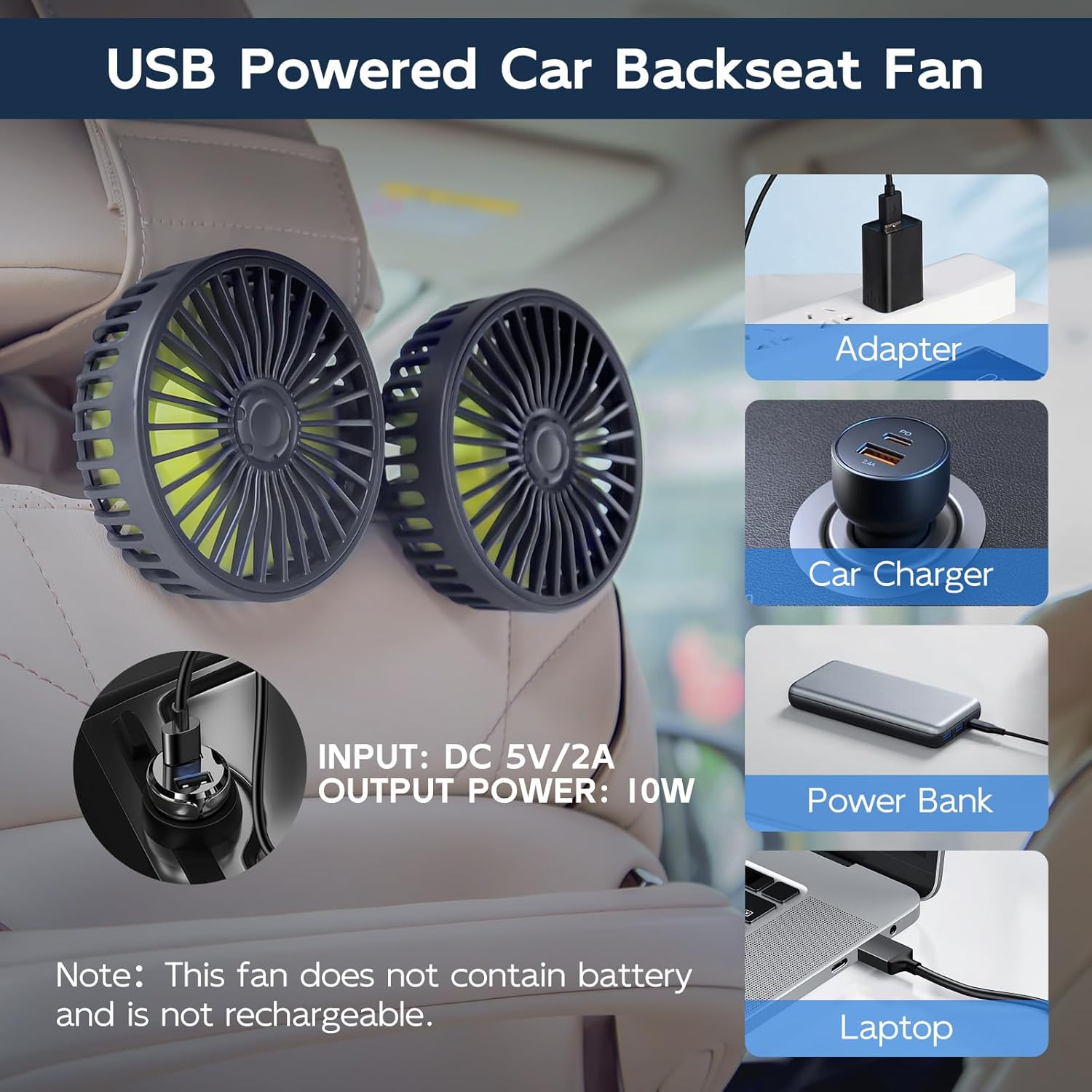 XOOL Car Fans for Backseat - Dual Head USB Cooling Car Fan for Kids, 360&deg; Rotatable Car Rear Headrest Fan, Air Circulation Fan with Adjustable Clip for Vehicles SUV RV Truck