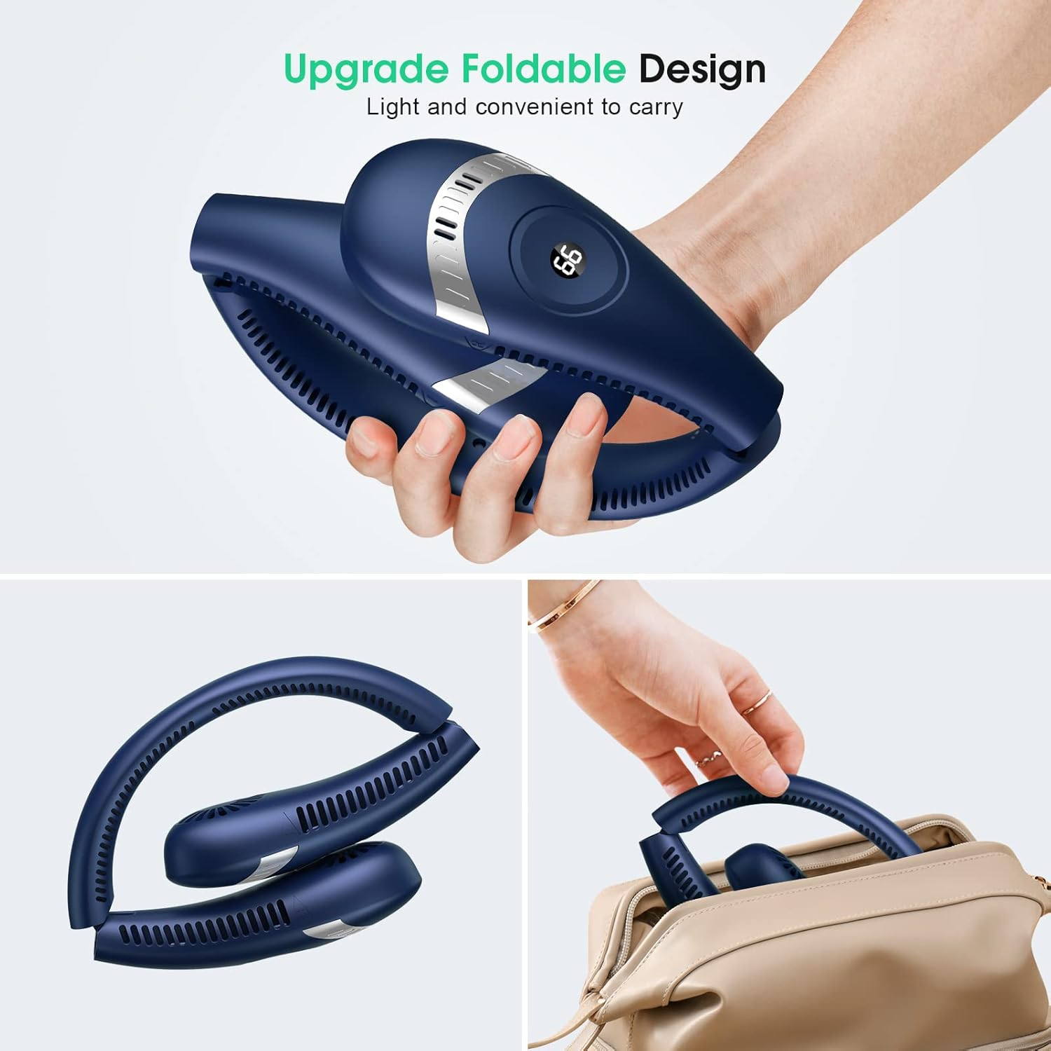 Neck Fan, 5000Mah LED Display Foldable Fans Portable Rechargeable, 3 Speeds Adjustment 360&deg; Cooling Airflow, Hands Free Personal USB Powered, Fan for Travel Outdoor, Upgraded Blue (FS05) image number 4