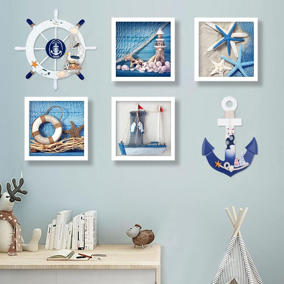 2 Pack 11 Wooden Ship Wheel and Wood Anchor with Rope Nautical Boat Steering Rudder Wall Decor Door Hanging Ornament (2) - Blue,White image number 5
