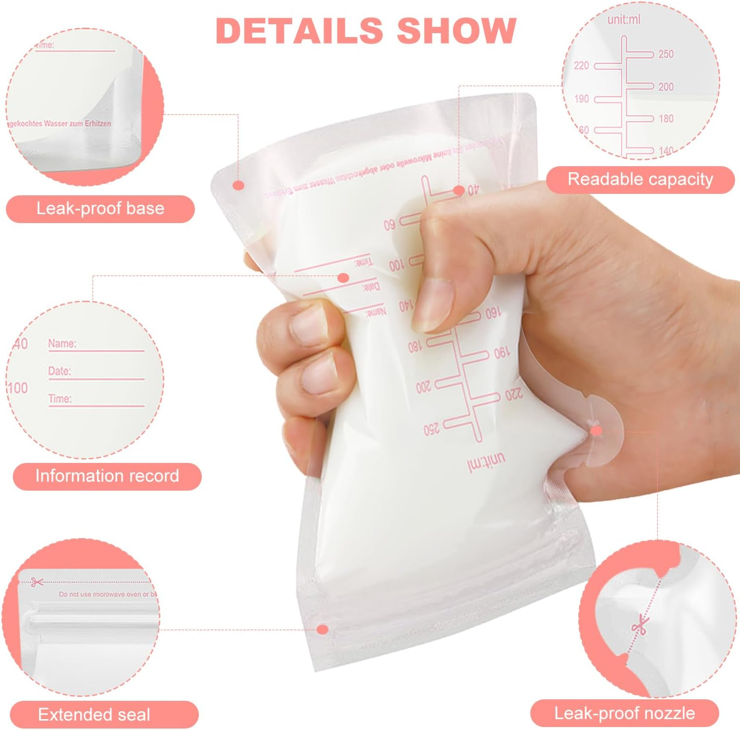 Breast Milk Sstorage Bag 30PCS, Breastmilk Storage Bags, Breastfeeding Disposable Milk Storage Bag, Disposable Milk Storage Bag with 8.8 Ounce Spout Type, No-Leak Milk Freezer Storage Pouche image number 6