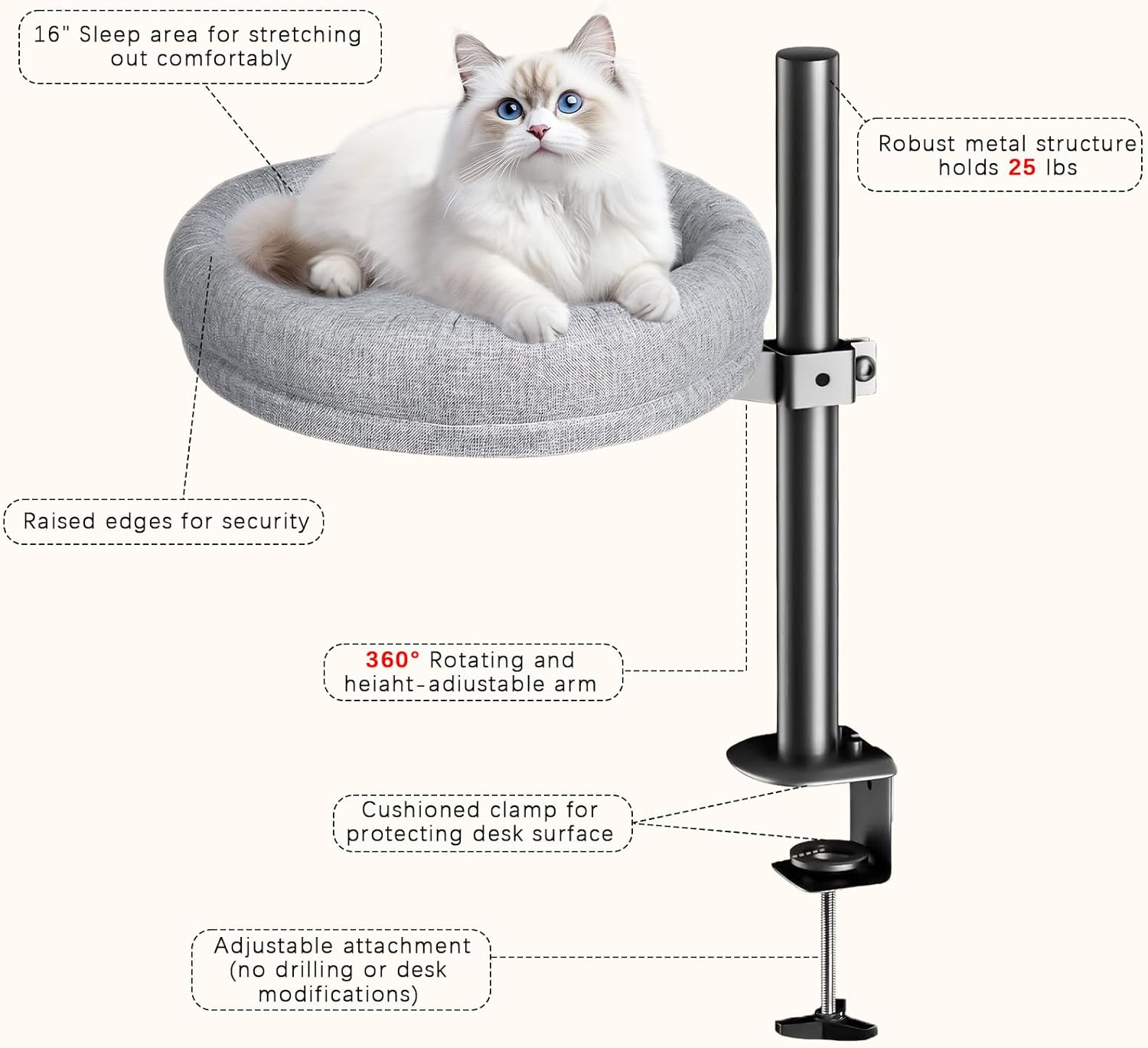 Xoxomeg Cat Bed for Desk, Desktop Pet Bed 360 Rotation & Adjustable Height, Soft & Comfortable Max Load 40 LBS for Home Office image number 3