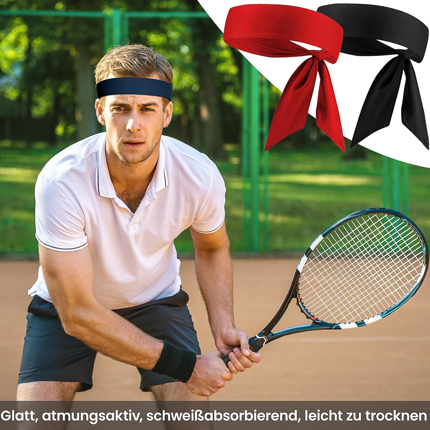 Sports Headband, Pack of 3 Tennis Tie Headband, Adjustable Sweatband, Bandana Cap, Unisex Headband, Sports Headwear for Women and Men, Running, Fitness, Yoga, Tennis (Black, Red, Navy Blue) image number 2