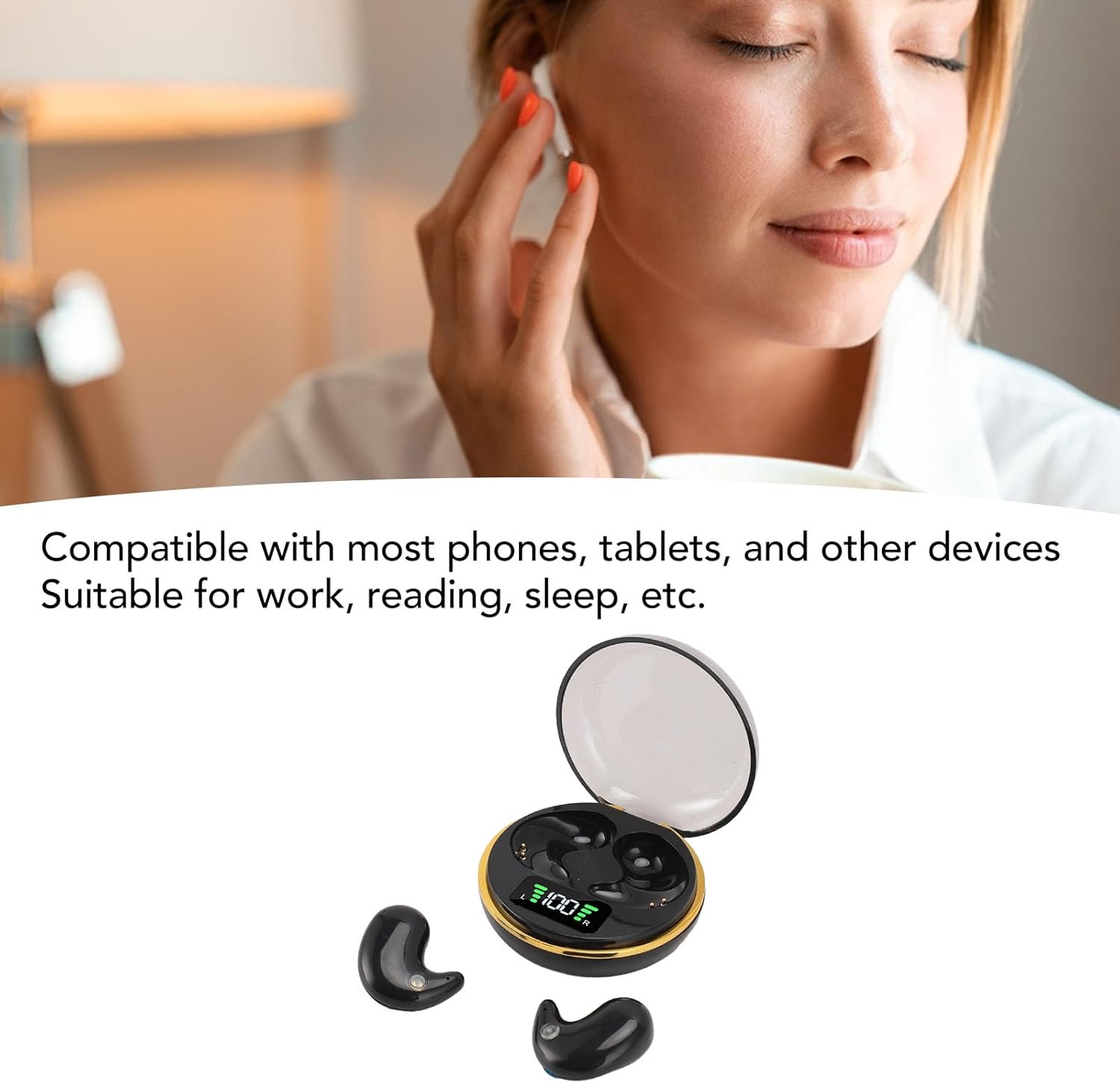 Sleep Headphones with Digital Display Charging Case for Side Sleepers, Bluetooth Earbuds Built in Battery, Wireless Earphones for Sleep Work Workout (Black) - White image number 7