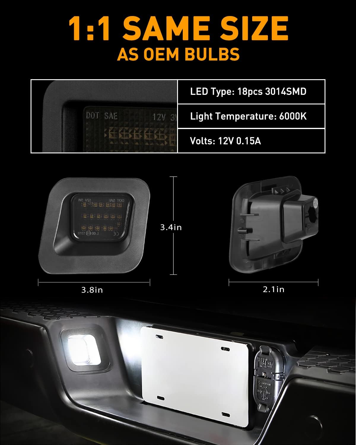 Full LED License Plate Light Tag Light for 2003-2018 Dodge RAM 1500 2500 3500 Pickup Truck, 6000K White, Smoke Lens, Tag Lamp Assembly Replacement, 2 PCS image number 3