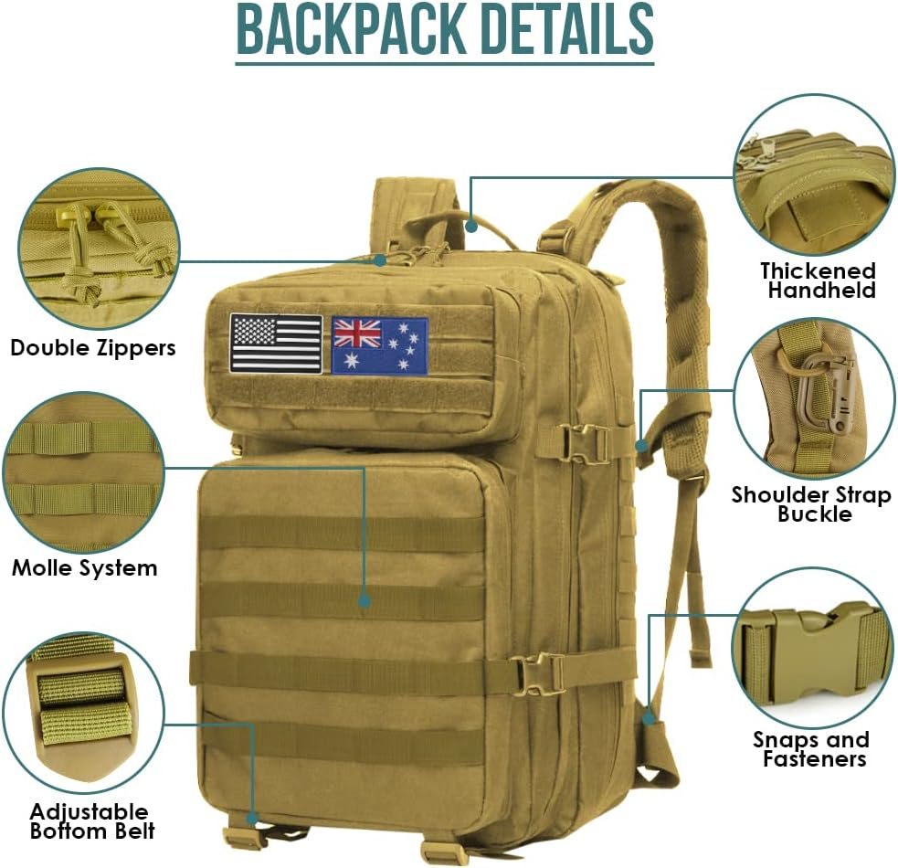 WOTOW Tactical MOLLE Military Bag for Men Women, Day Pack Ruskack Survival Emergency Army Combat Bug-Out Bag Backpack Kit with a Water Bottle Bag, 4 Carabiners and Magic Tapes image number 4