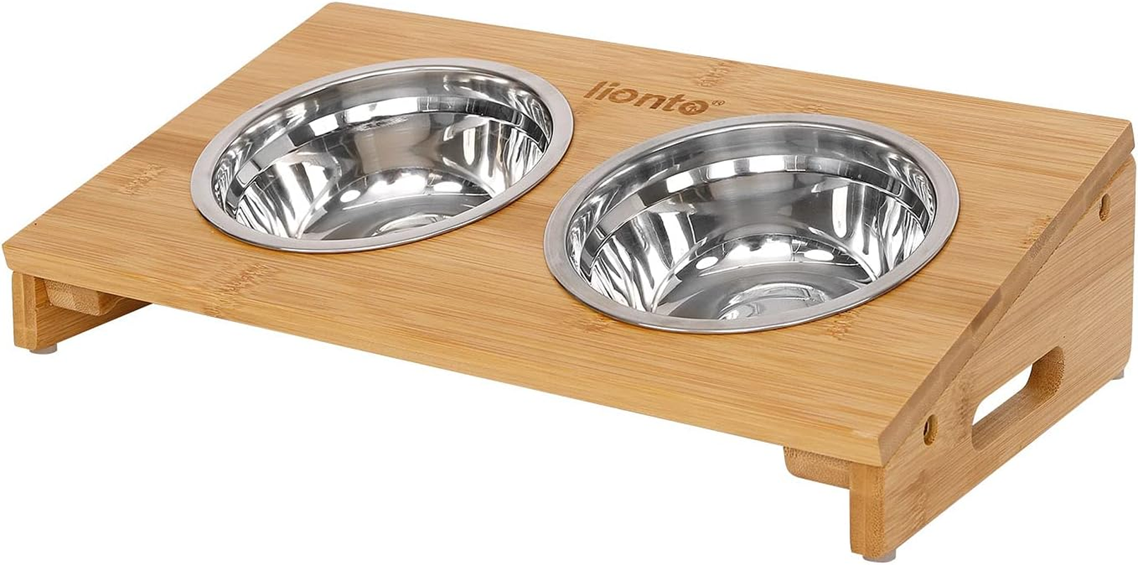 Lionto Raised Dog Bowl Feeding Station for Dogs and Cats Bamboo 2 Bowls Stainless Steel Double Bowl image number 2
