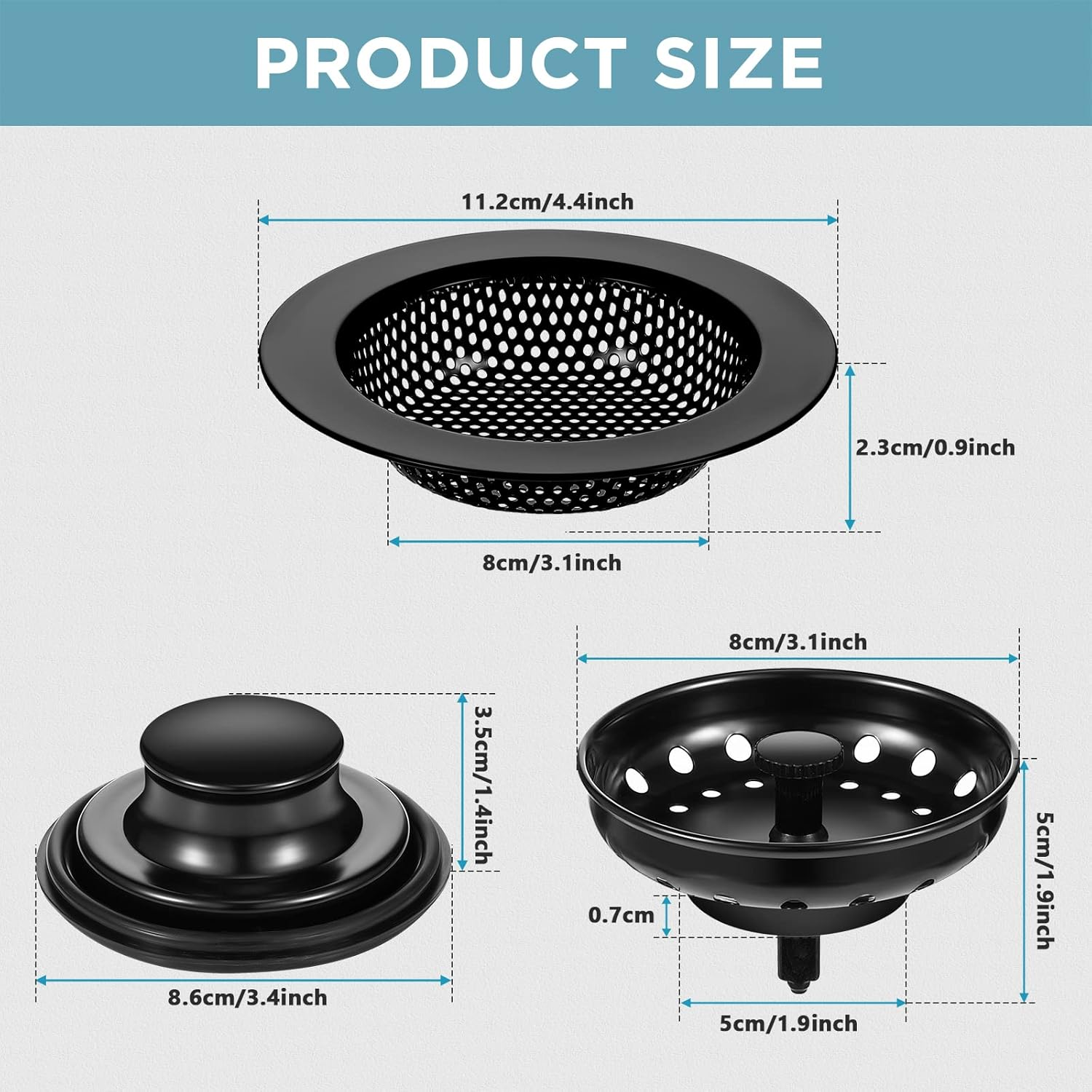 Mudder 3 Pcs Kitchen Sink Drain Strainer and Stopper Stainless Steel Garbage Disposal Plug with Handle Universal Anti-Clogging Kitchen Sink Filter Sieve Basket Strainer(Black) image number 6