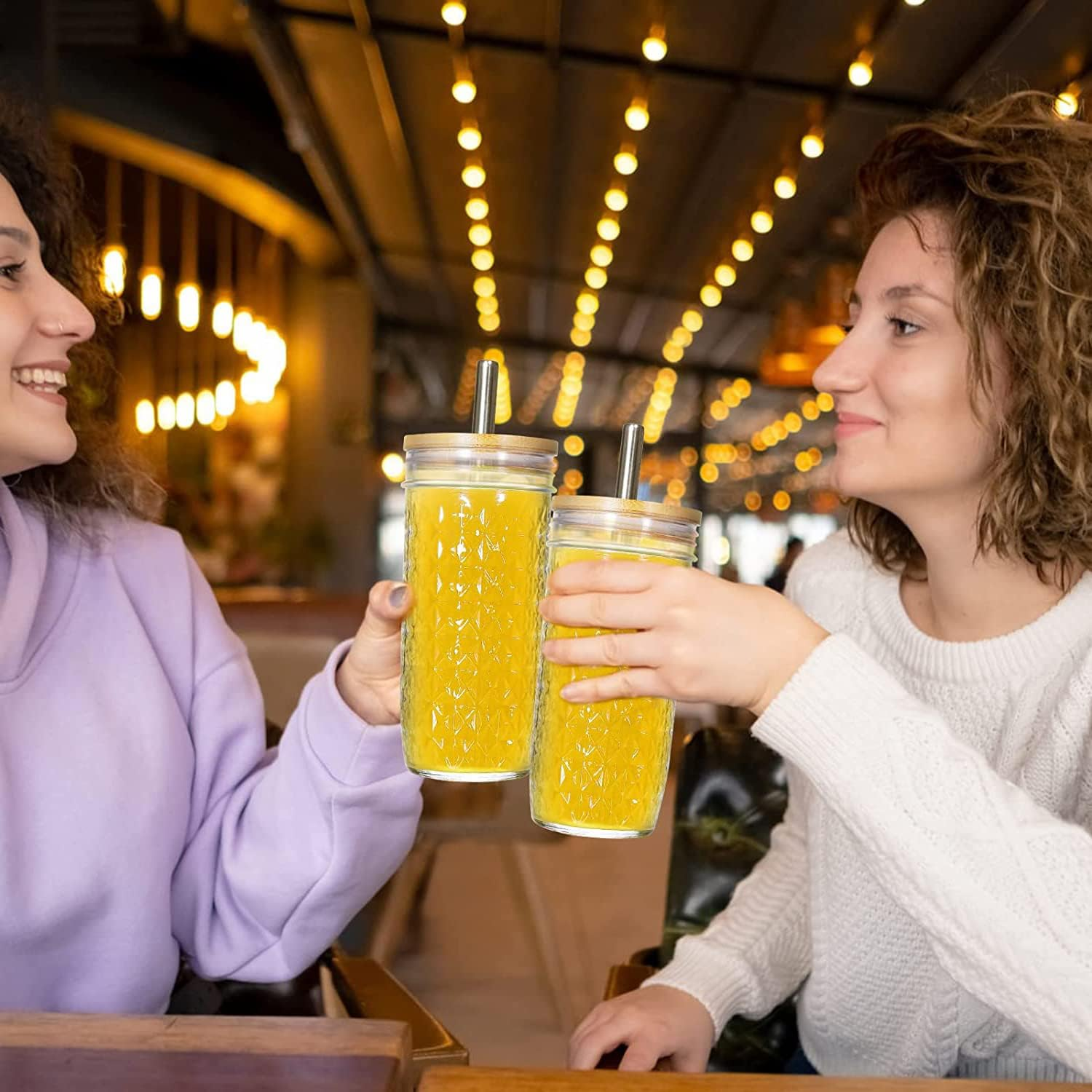 Boba Cup, Reusable Bubble Tea Cup, Glass Cups Set, 2 PCS Mason Jar Cups with Bamboo Lids and Straws & 2 Airtight Lids, 24 Oz Diamond Texture Wide Mouth Iced Coffee Glass Tumblers, Smoothie Cups image number 2