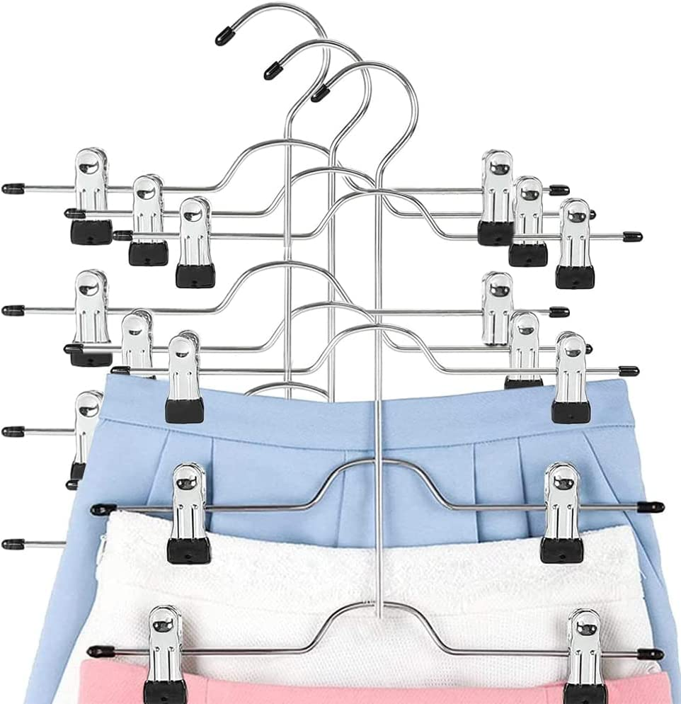 3 Pack Skirt Pants Hanger with Adjustable Clips,H HOME-MART 4 Tier Chrome with Black Vinyl - Non-Slip- Closet Storage Organizer Space Saving (Pants Skirt Hangers) image number 3