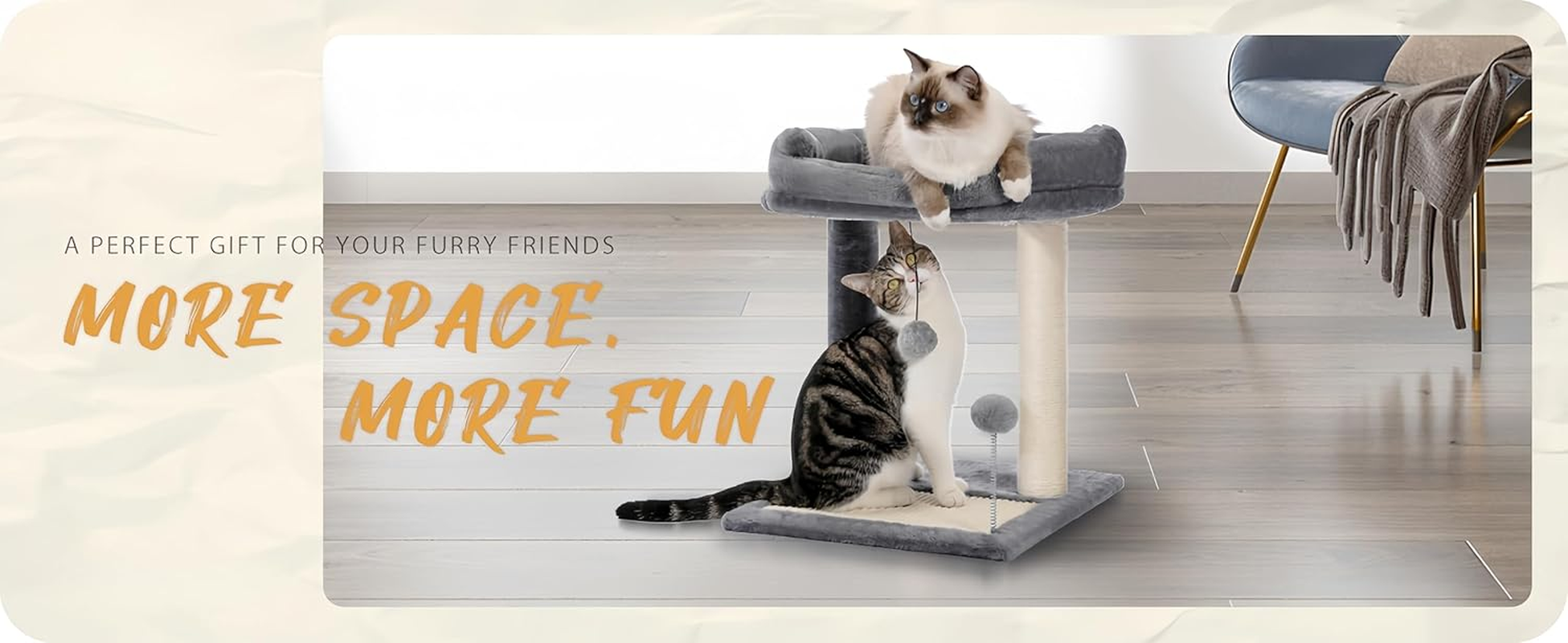 Cat Tree Scratching Post with Soft Perch Nest Sisal-Covered Scratch Posts and Pads， and Cat Toy with Two Plush Balls Is Perfect for Playing with Kittens and Cats image number 3