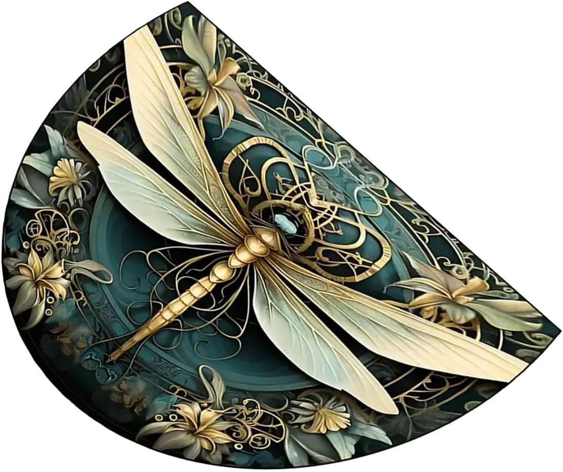 AIMALL Semicircle Floral Entryway Floor Mat, 19.7X31.5In Non-Slip Dragonfly Printed Rug for Indoor Outdoor Doorways, Waterproof Easy-Clean Carpet for Kitchen and Home Decor image number 2