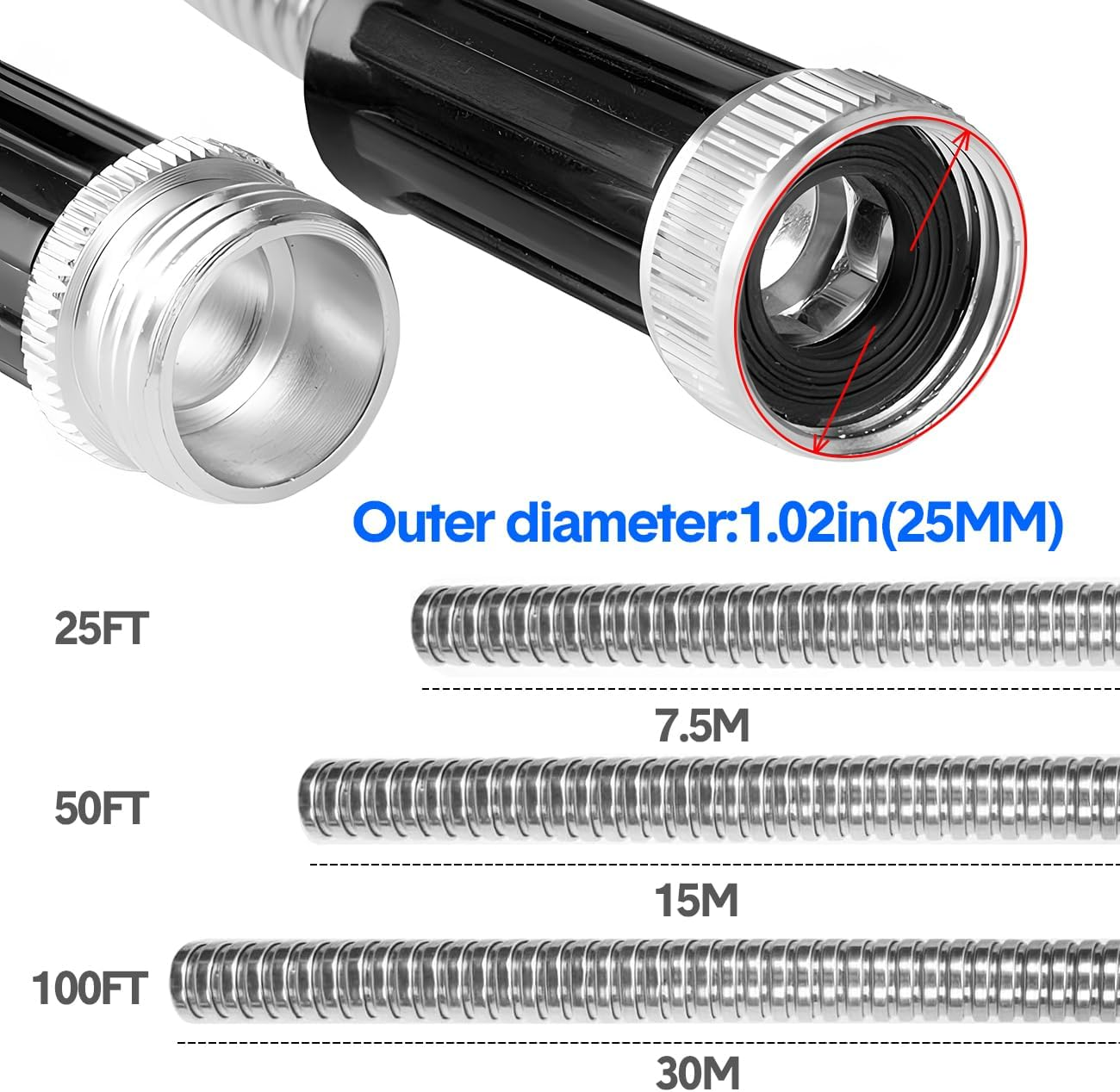 100FT（30M） Stainless Steel Garden Hose - Heavy Duty No-Kink Metal Water Hose with 7-Function Nozzle, Lightweight & Flexible for Yard/Lawn/Rv, Corrosion-Resistant Outdoor Hose image number 6