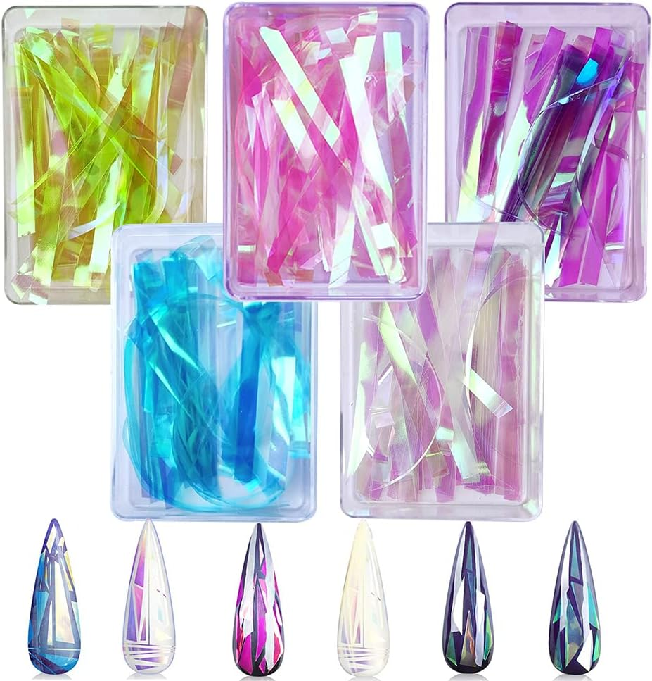 CHANGAR 5 Colours Gradient Aurora Glass Paper Nail Stickers Reflective Mirror Design Broken Glass Strip Line Paper Nail Decals DIY Nail Art Decoration (5 Boxes) image number 4