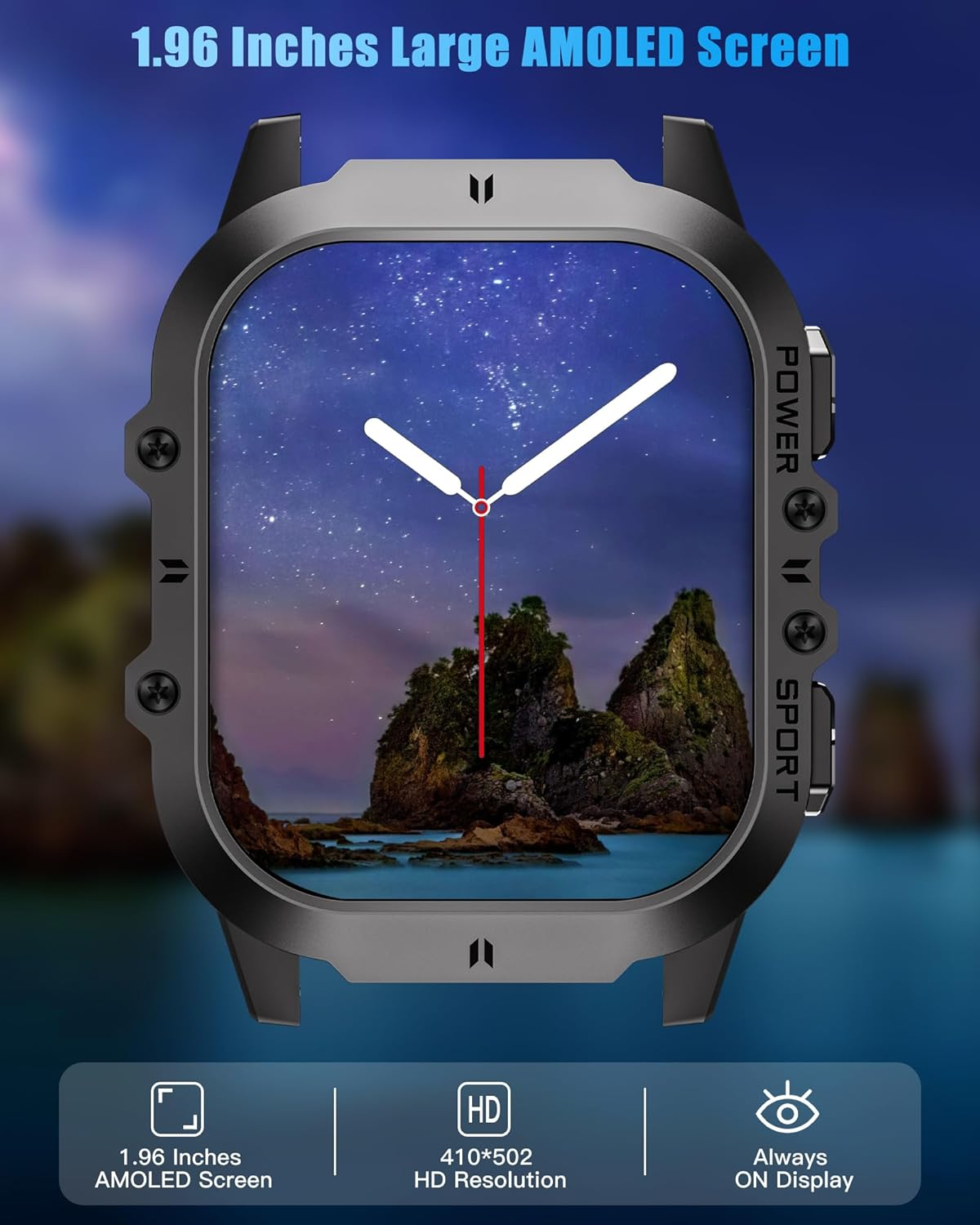 Rugged Smart Watch, 1.96-Inch AMOLED HD Display, Waterproof Fitness Step Count with Bluetooth Calling, 100+ Sport Modes, Blood Oxygen & Heart Rate Monitoring, Extended Battery Life for Android/Ios image number 3