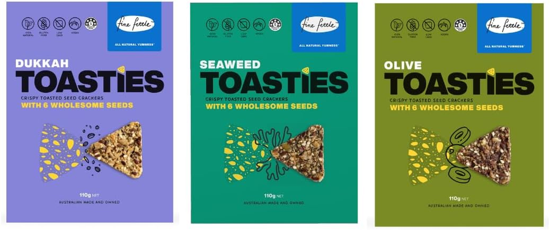 Fine Fettle Toasties Multipack 110G X 3 (Dukkah, Olive & Seaweed Toasties). Gourmet Crackers and Healthy Snacks - Gluten Free, Low Carb and Vegan - Crispy Toasted Seed Crackers with 6 Wholesome Seeds image number 5