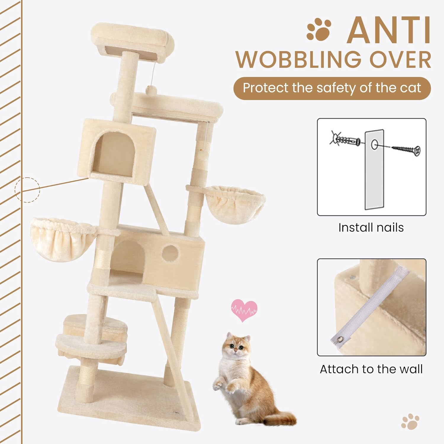 SHA CERLIN 65In Larger Cat Tree Tower Condo for Indoor Cats, Multi-Level Furniture Activity Center with Wide Base/Cozy Plush Cat Perches/Baskets/Sisal Scratching Posts and Hammock/Beige