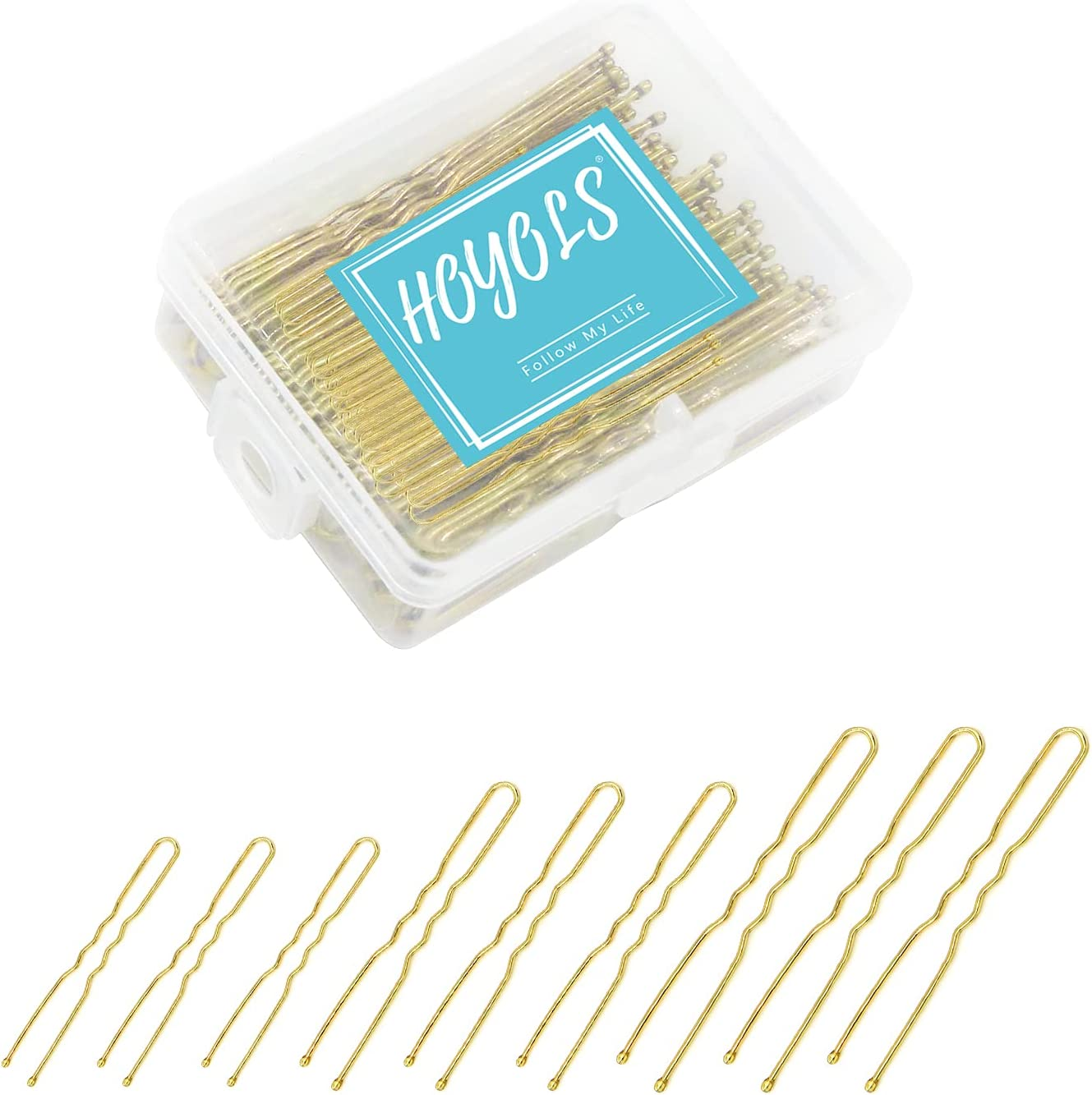 Hoyols U Shaped Hair Pins Blonde, Assorted Size U Shape Bobby Pins, Metal Curved Curly Bun Clips Hairpin Crimped Design with Ball Tips for Buns Women Girls Grips Hairstyle Updo Thin Thick Hair Gold, 150 Count Bulk Pack (Blonde)