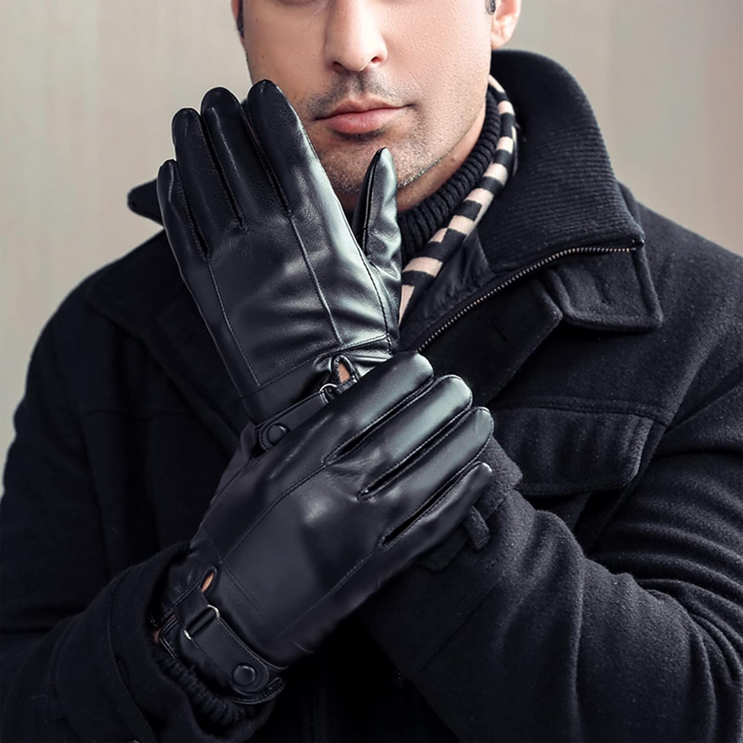 LJCZKA Black PU Leather Winter Gloves for Men, Touch Screen Winter Thermal Gloves Fleece Windproof Texting Driving Cycling image number 4