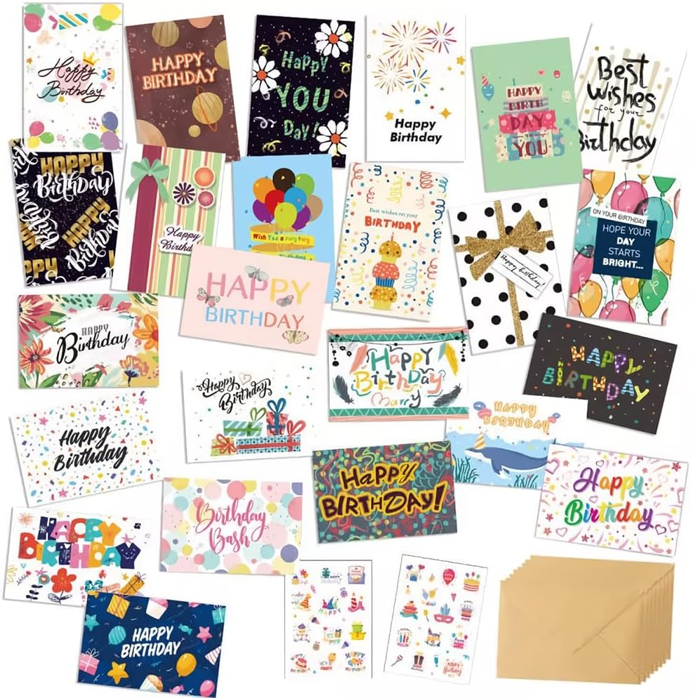 Vekol 24 Pack Unique Birthday Cards, Happy Birthday Cards Bulk with Envelopes and Stickers,4X6 Inch Assorted Blank Birthday Greeting Cards, Suitable for Men, Women, Kids, Work and Office Celebration (24PCS Multicolor 1)