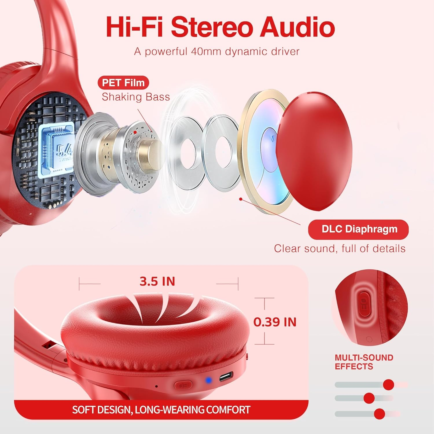 MIDOLA Bluetooth Headphones over Ear 68H Playtime 6 EQ Wireless Headset with Microphone Hifi Stereo Foldable Lightweight Deep Bass for Travel Home Office Cellphone Red - Cyan image number 3