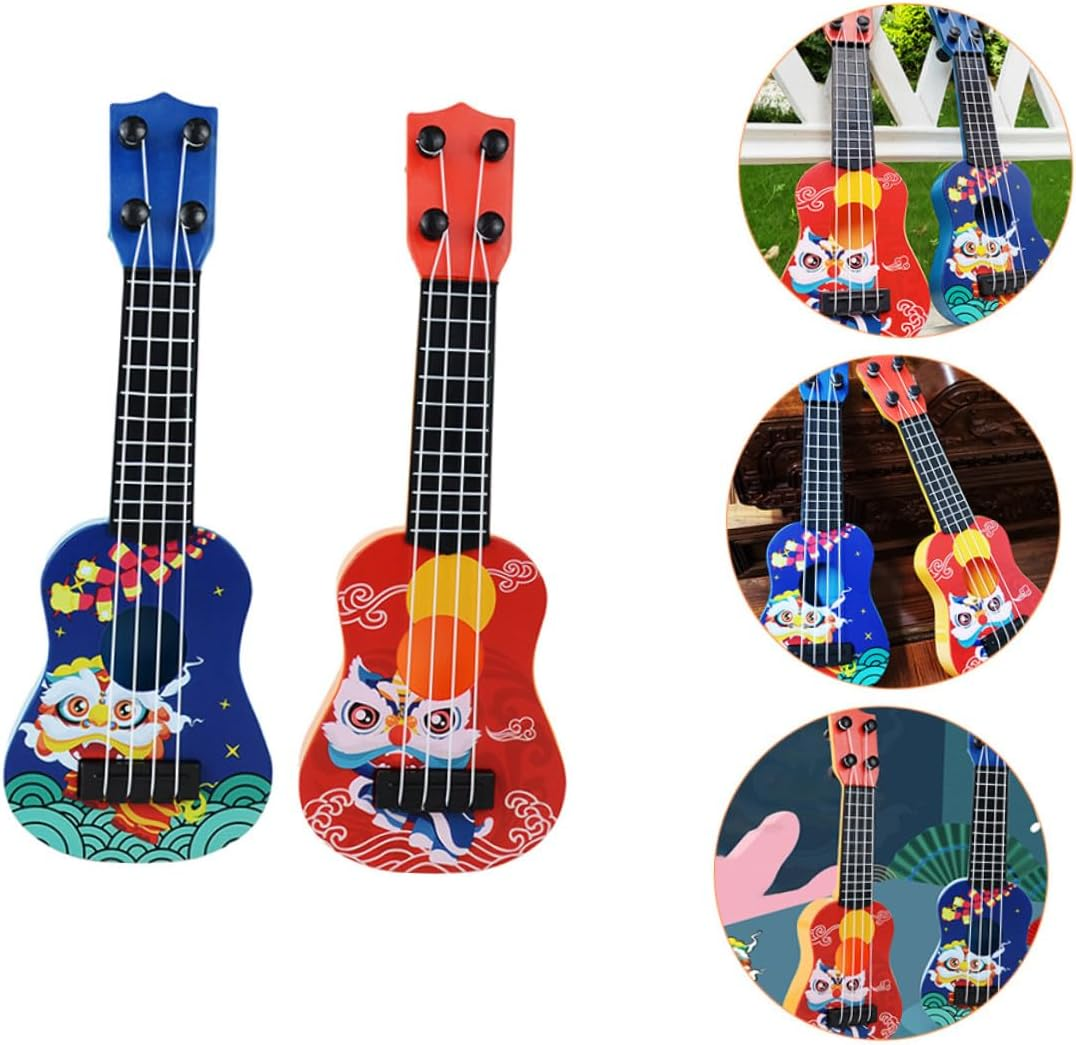 2Pcs Ukulele Cartoon Mini Guitar Model for Beginners Ages Smooth Surface Musical Instrument Educational Plaything in Red and Blue image number 3