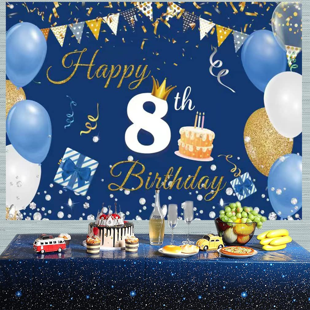 8Th Birthday Decorations for Boy/Girl, 8 Years Old Backdrop Banner Fabric Sign Poster, Happy 8Th Birthday Party Supplies Blue Photography Background Welcome Sign, 150Cm X 90Cm image number 3