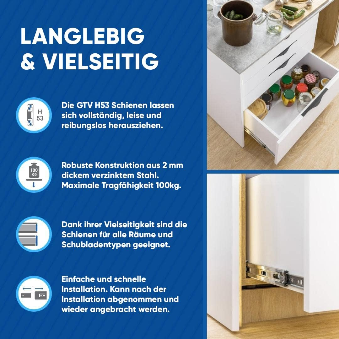 GTV H53 Drawer Runners Full Extension Drawer Runners - 53.9 X 400 Mm - 2 Mm Thick Galvanised Steel - Roller Extension Telescopic Rail Ball Guide - Rail System Maximum Load 100 Kg 1 Set = 2 Pieces image number 4