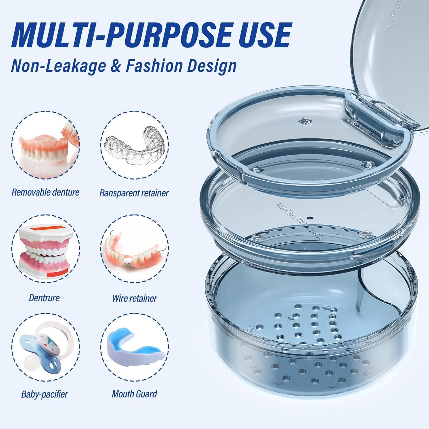 Denture Case Retainer Cleaning Case: 2 in 1 Retainer Case, No-Leak Denture Bath Box Cup, Complete Clean Care for Dentures, Clear Braces, Mouth Guard, Night Guard & Retainers image number 6