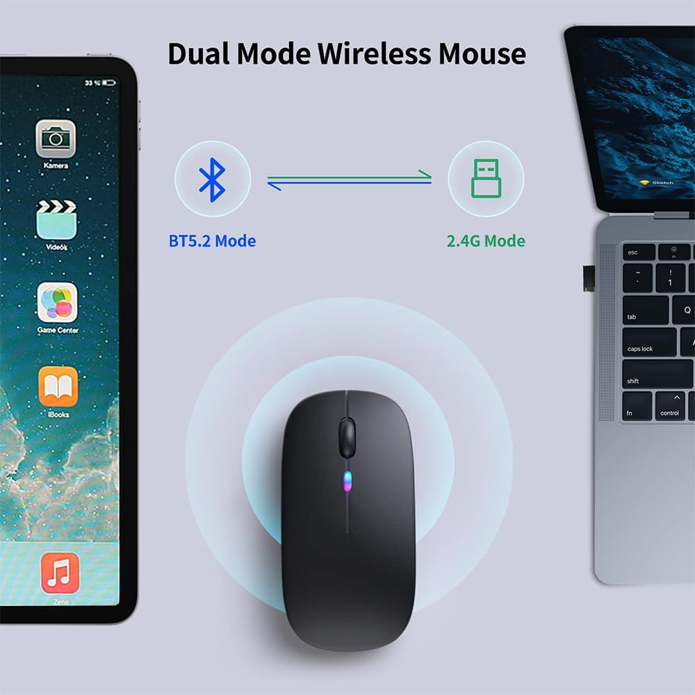 LED Wireless Mouse, Rechargeable Slim Silent Mouse 2.4G Portable Wireless Bluetooth Mouse Dual Mode with USB Receiver and Type C Adapter, 3 Adjustable DPI for Notebook, PC, Laptop (Black) image number 6