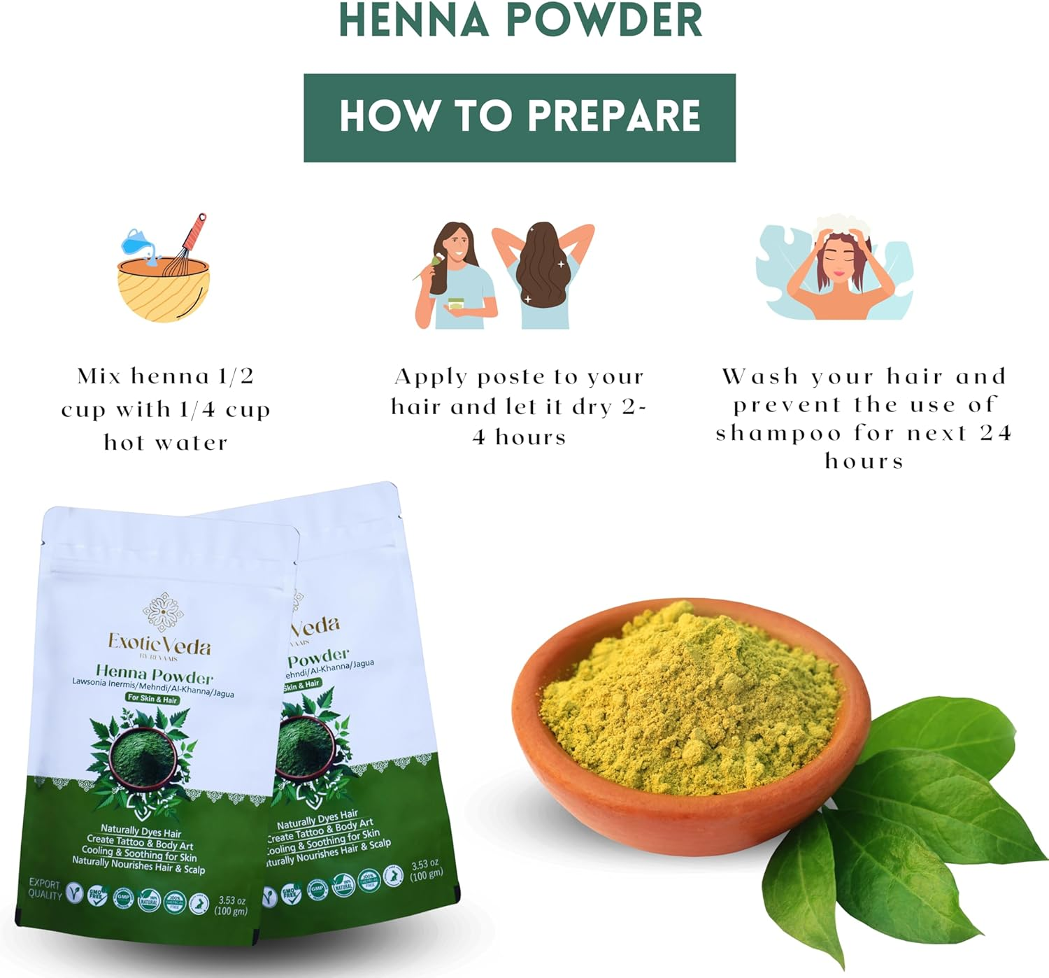 Exotic Veda Organic Henna Powder | 100% Natural Hair Dye from Rajasthan India Lawsonia Inermis Non-Gmo Deep Brown (100G) image number 3