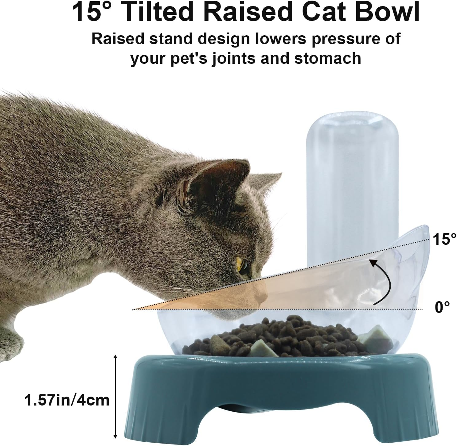 Triple Cat Bowls, 15&deg; Tilt 3-In-1 Water Feeder with Automatic Bottle, Whisker Friendly Wet and Dry Elevated Feeding Dishes for Small Cats and Puppies (Navy Blue) - Navy Blue image number 4