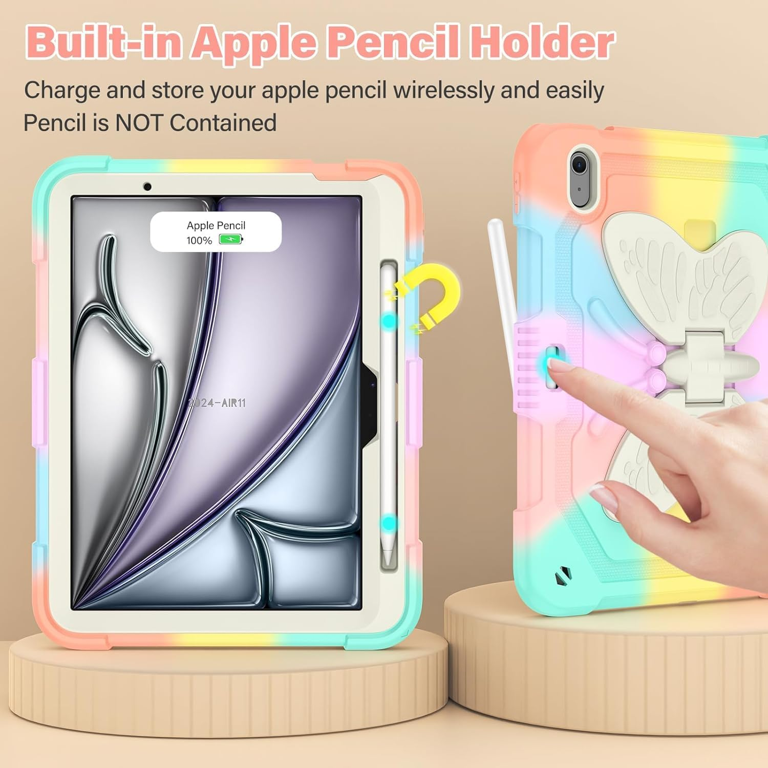AVAKOT Ipad Air 11 Inch Case 2024 with Butterfly Wings Kickstand Pencil Holder, Ipad Air 6Th Generation 11 Inch Case Kids Girls Heavy Duty Hard Rugged Protective Cover for Ipad A2899/A2900-Rainbow image number 3