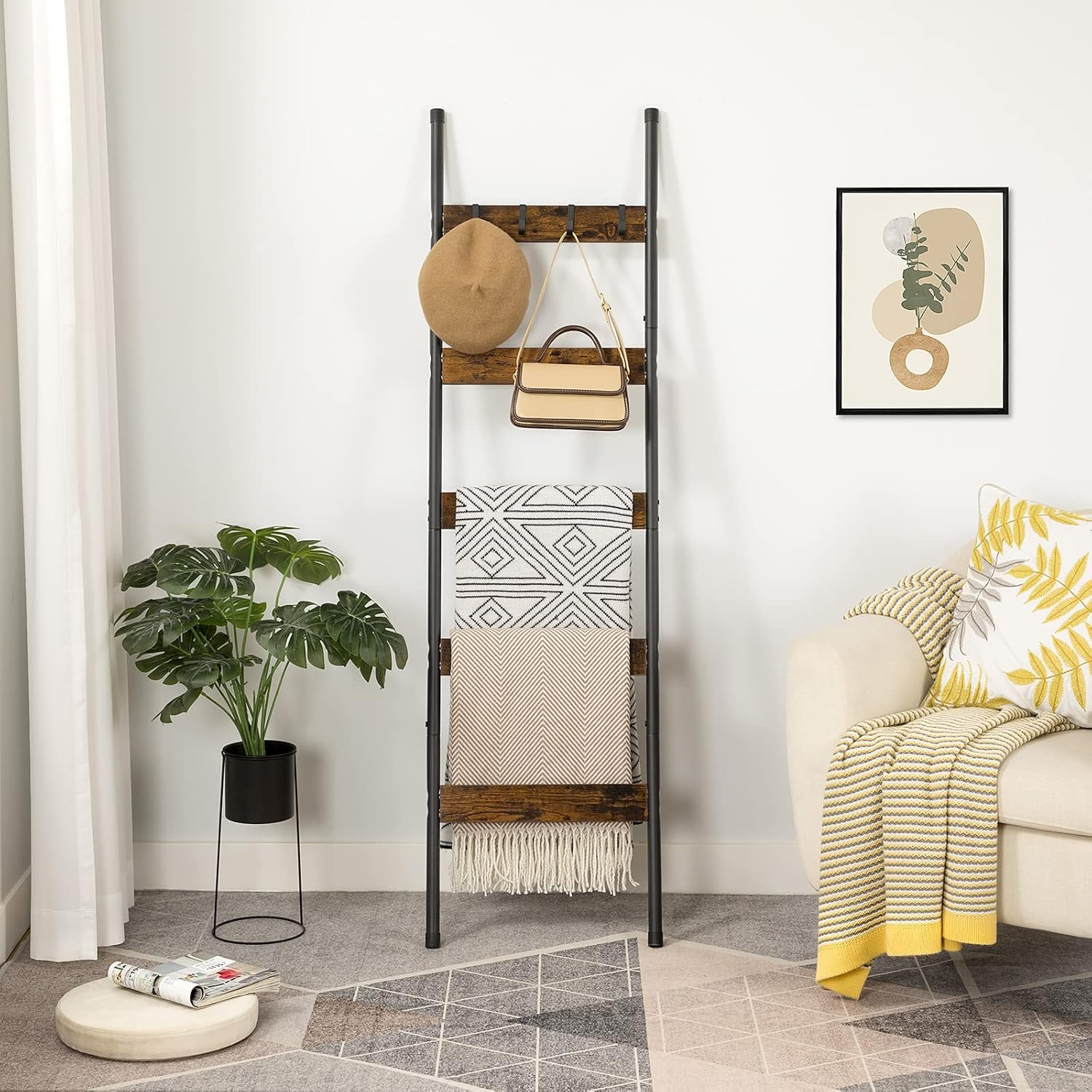 HOOBRO Blanket Ladder, 5-Tier Towel Rack with Hooks, Wall-Leaning Blanket Rack, Decorative Display Ladder Shelf, Scarves, Industrial, Living Room, Bedroom, Rustic Brown and Black BF52CJ01 image number 1