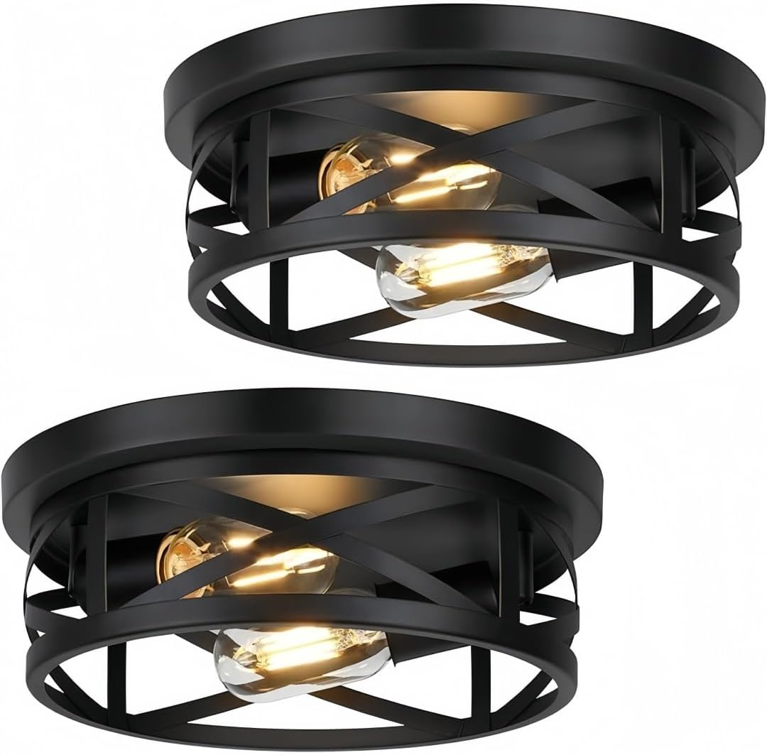 2 Pack Flush Mount Ceiling Light, Black 2-Light Ceiling Light Fixture, Industrial Farmhouse Metal Cage Ceiling Lights for Kitchen Entryway Hallway E27 Base image number 2