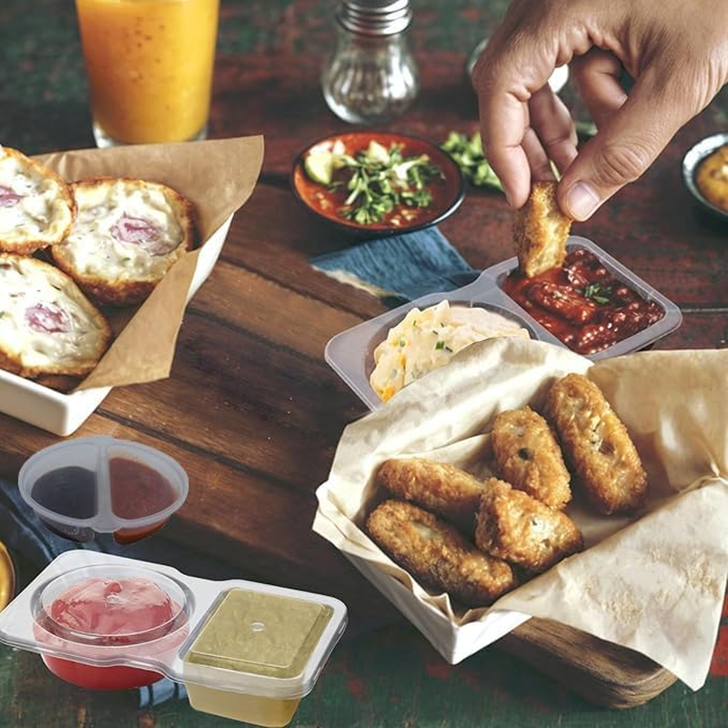 WEZCHUGHAOL 20 Pcs Double Compartment Condiment Containers with Lids 2024 New Reusable Plastic Condiment Snack Containers 2 Sided Compartment Packs for To-Go Dip, Sauce, Sampling, Travel Snack (150ML) image number 2