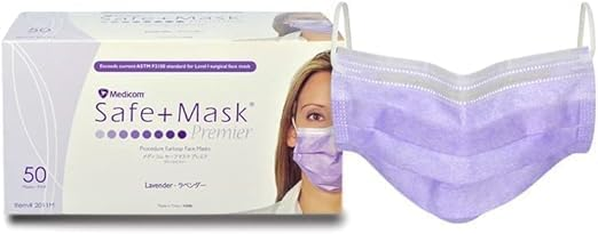Medicom Safe+Mask Premier 3-Ply Layers, Breathable, Adjustable Earloops, Fluid Resistant, Protective PPE, Non-Woven, Disposable, Latex Free, Protection, Dust Safety Masks - (50/Box)