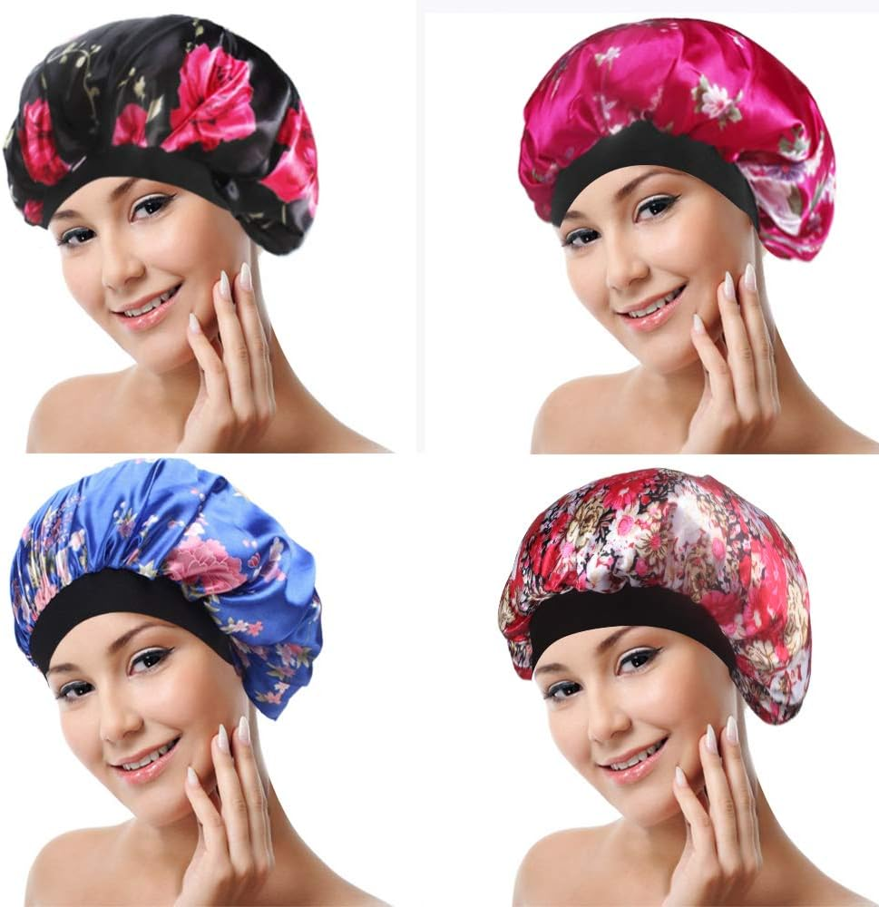 4 Pack Soft Satin Sleeping Cap Wide Band Salon Bonnet Silk Night Sleep Hat Hair Loss Cap for Women, 4 Styles image number 4