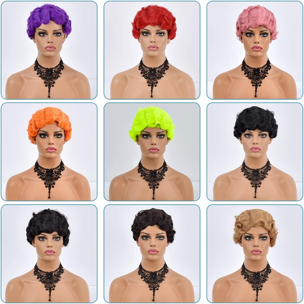 Orange Short Finger Wave Wig Vintage Synthetic Wigs for Black Women 6Inch Retro Curly Cosplay Halloween Party Hair TB107-2 image number 1