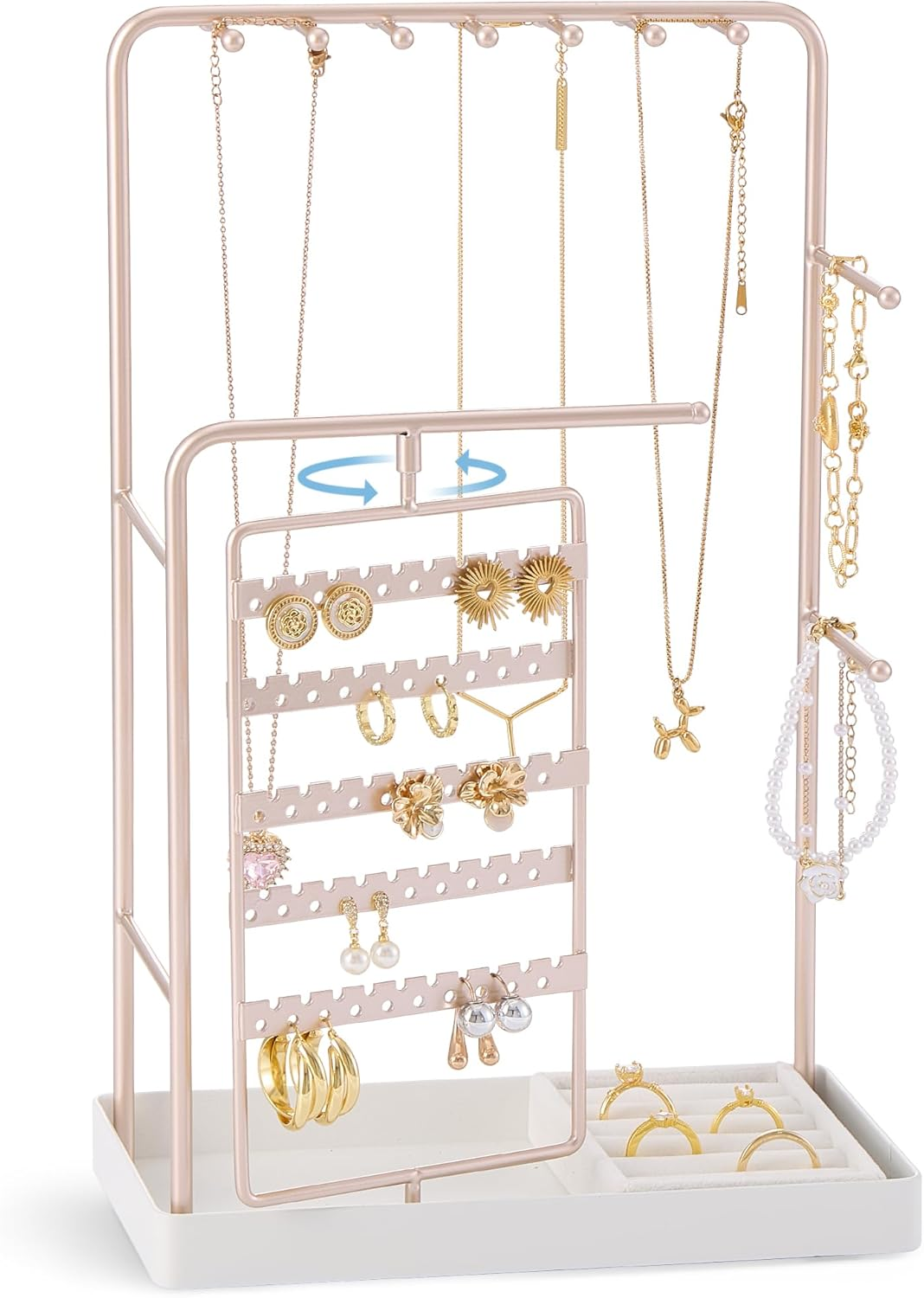 Procase Jewelry Stand Holder Organizer and Storage, Jewelry Display Stand Tower Rack with Velvet Ring Tray, Rotating Earring Display Hanging, Bracelet Necklace Holder, for Women Girls -White