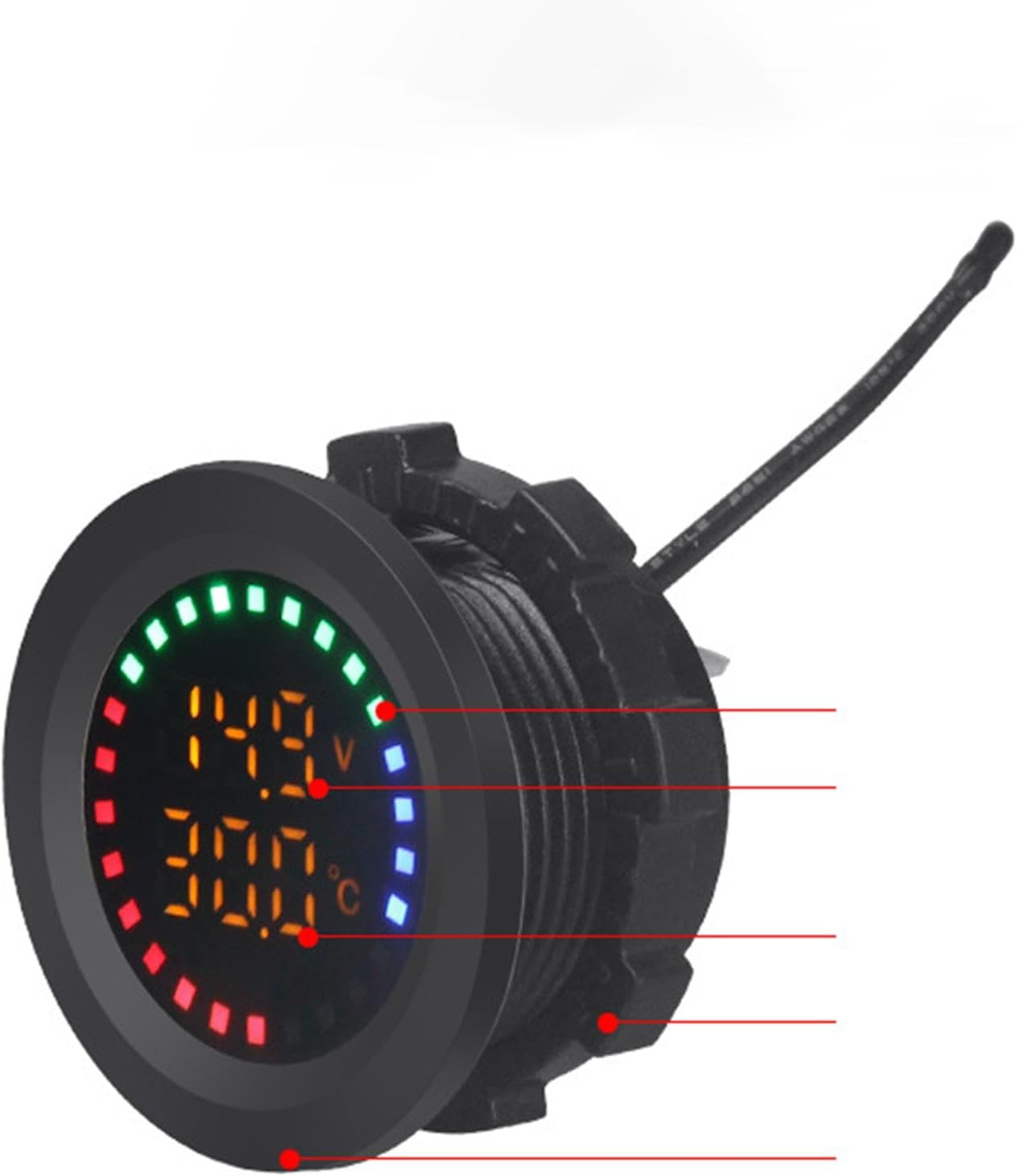 Harayaa Car Temperature Gauge Voltmeter 12V-24V Temp Detector Professional round Panel Versatile Replacement Parts Colorful Display Volt Tester image number 5