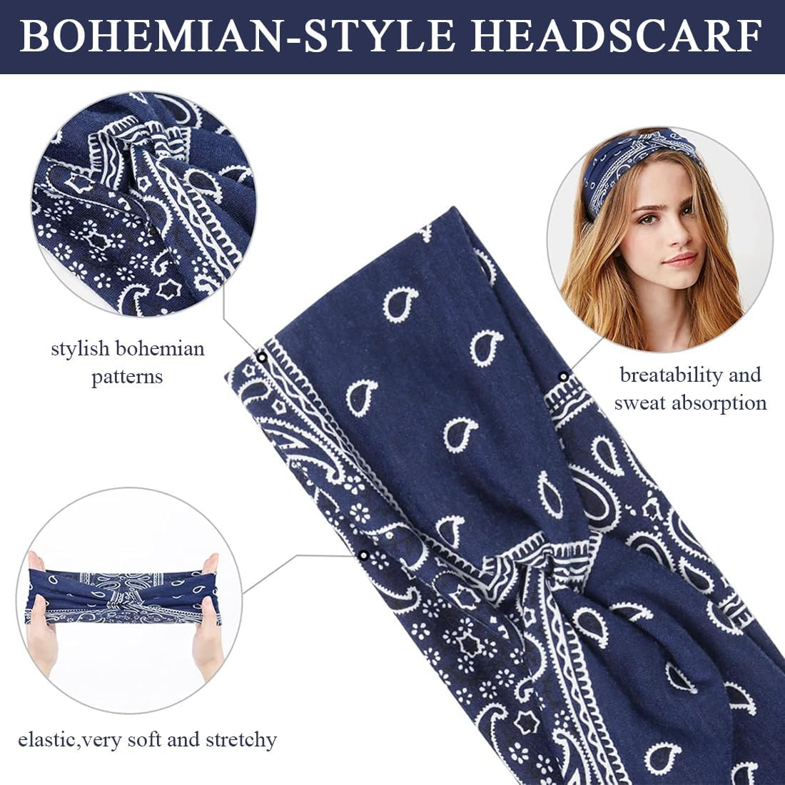 JYNVO 6 Pieces Vintage Floral Pattern Knitted Hair Band - Black, Red, Navy, White, Light Blue, Bordeaux - Hair Accessory for Everyday and Hairstyles image number 1