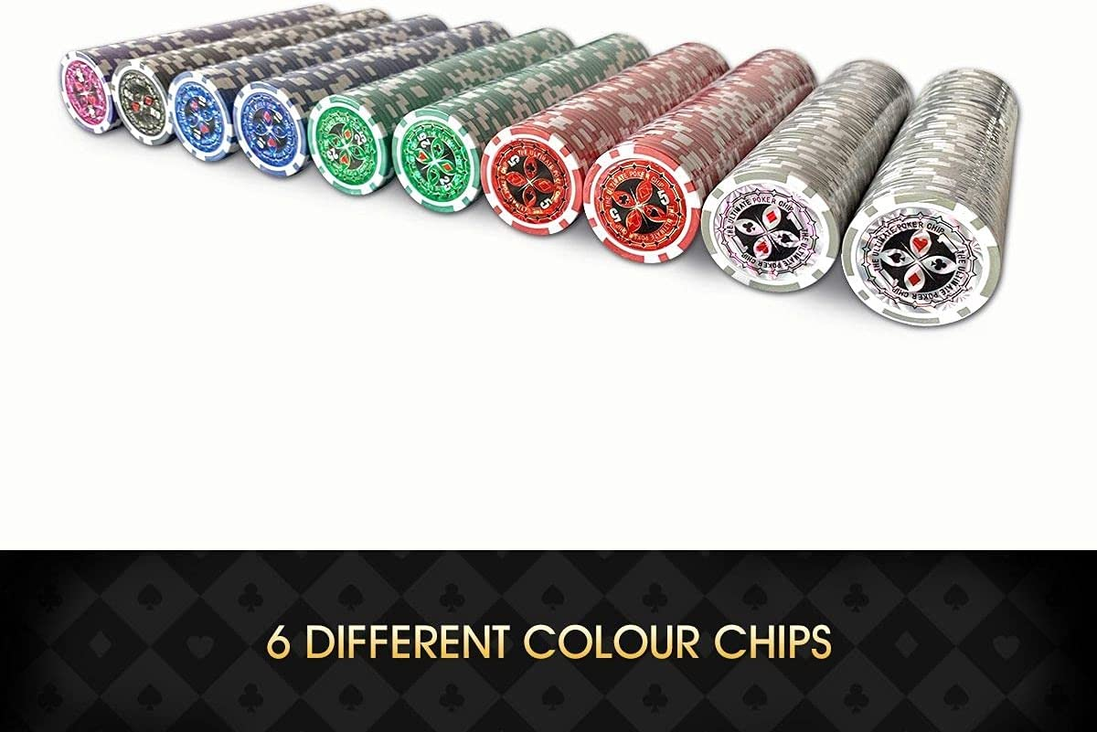 Casino Poker Chips Set, 500PCS 11.5 Gram 6 Colors Casino Chips Poker Set with Aluminum Travel Case,6 Buttons，2 Decks of Cards, 5 Dice, for Texas Holdem Blackjack Gambling image number 3