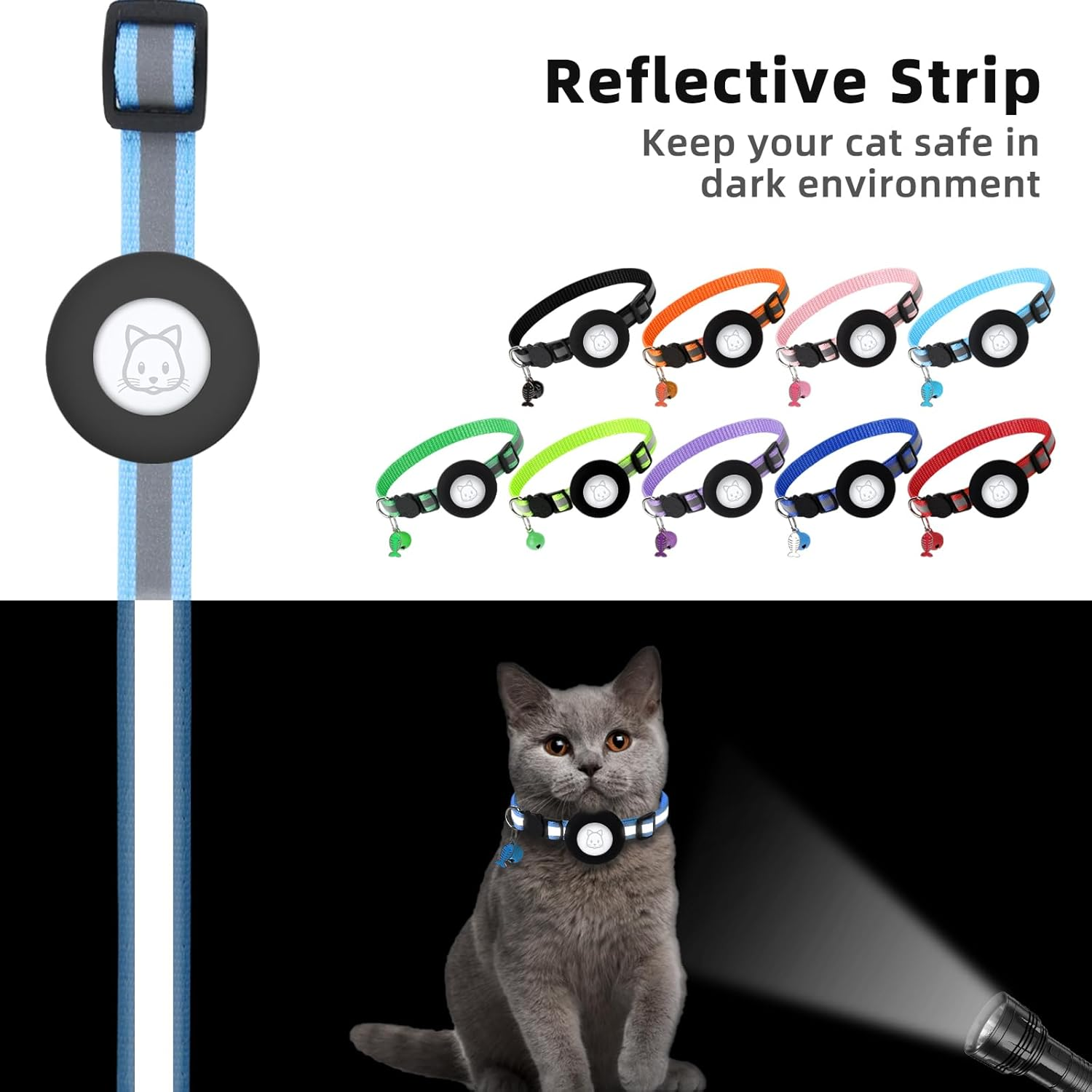 Simplethings Airtag Cat Collar, Air Tag Collar with Bell and Safety Buckle in 3/8'' Width, Reflective Waterproof Holder Compatible Apple for Dog Kitten Puppy (Black+Blue)
