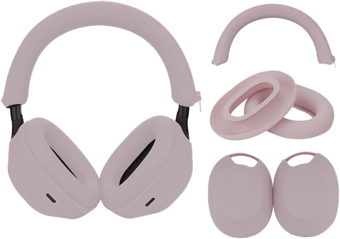 Adhiper 3Sets Silicone Sweat Case Cover for Sony WH-1000XM5 Headphones, XM5 Covers Accessories Silicone Ear Pads Covers & Headband Cover & Ear Cups Protector, Washable & Sweatproof - Smoky Pink