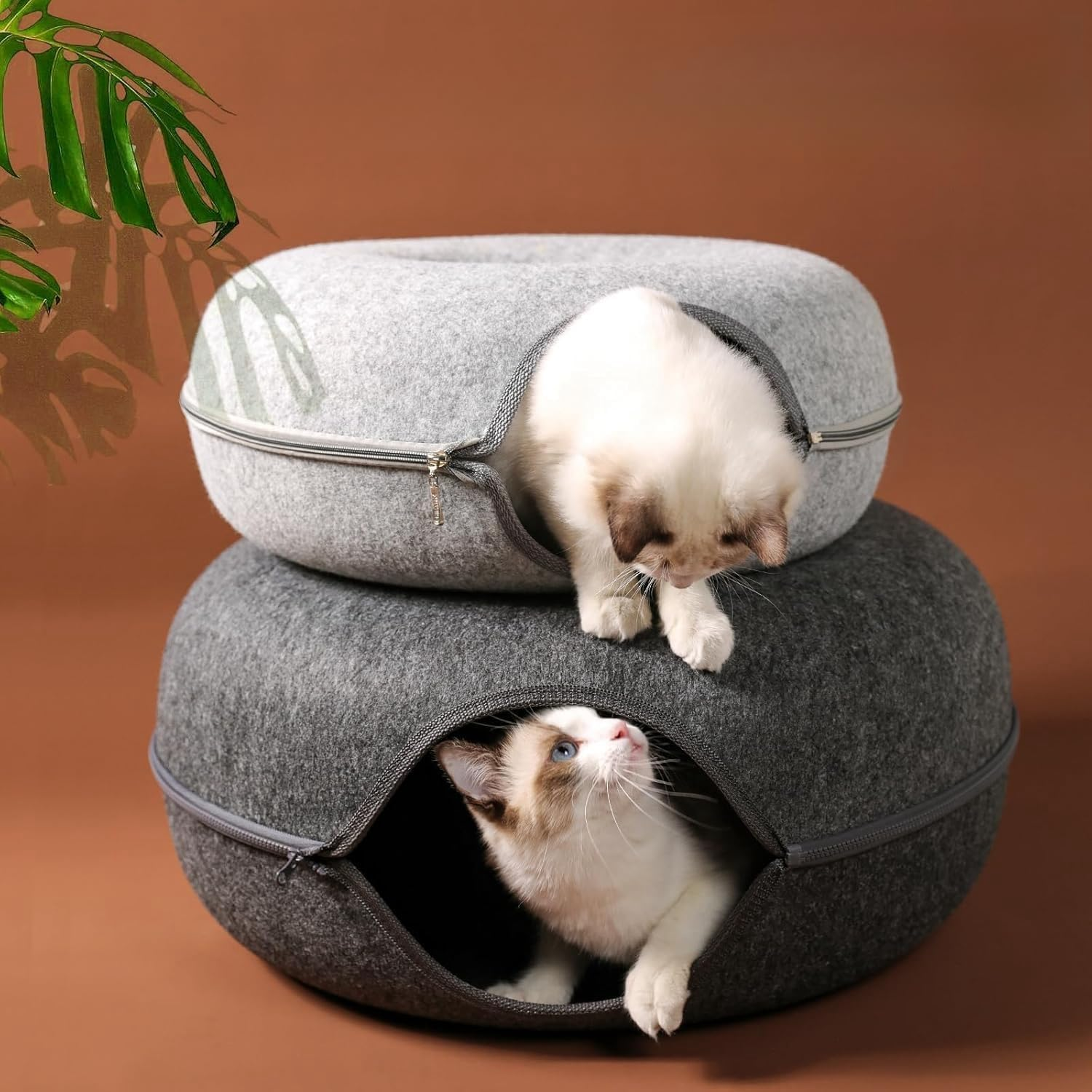 Cat Tunnel Bed Felt Pet Puppy Nest Cave House round Donut Interactive Play Tunnel 60X60X28Cm, Scratch Resistant Felt Pet Cave, Detachable round Donut Design - Dark Gray image number 2